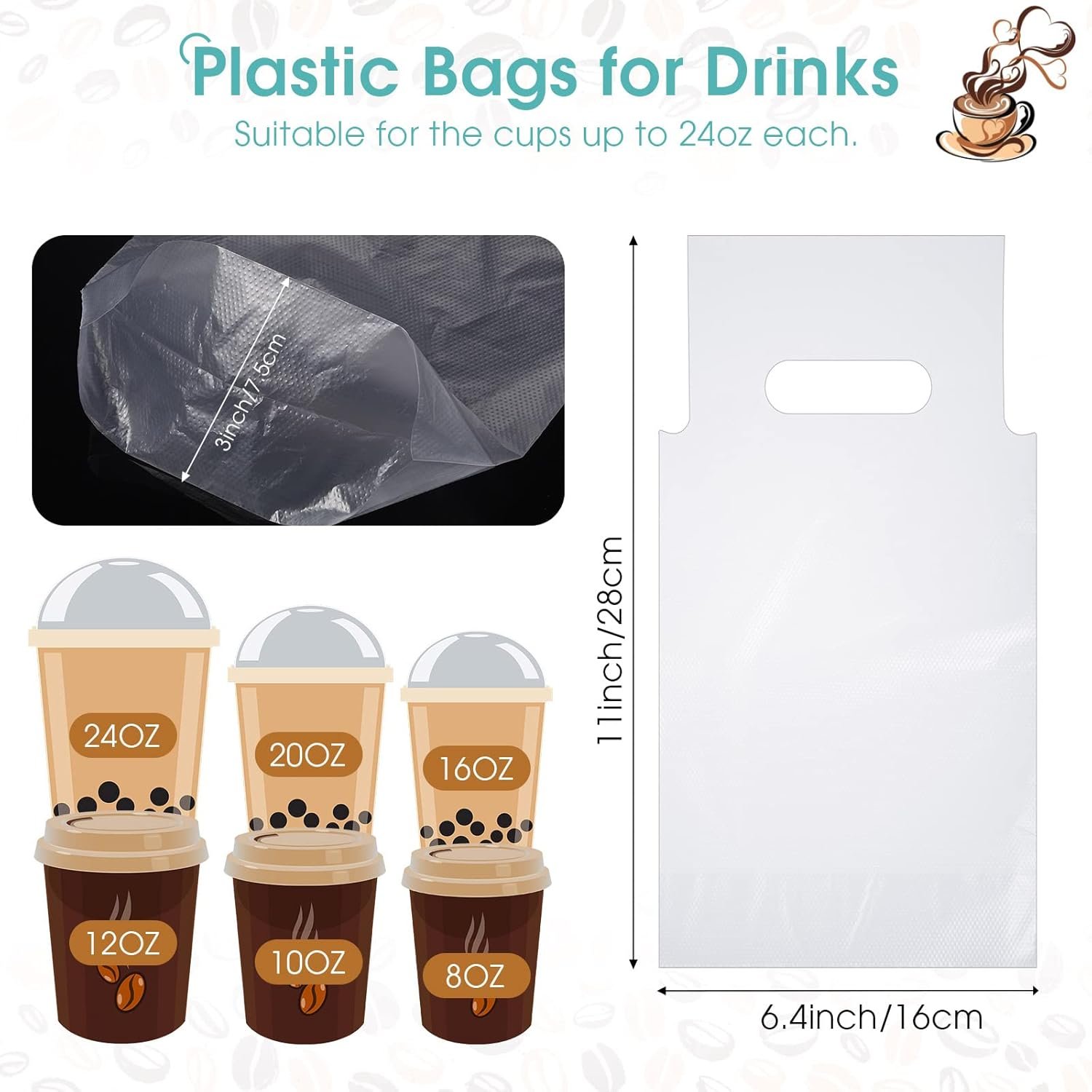 Grossiste 200 Pcs Transporteurs de Boissons en Sacs Plastiques Transparent avec Poignée pour Établissements de Restauration, OEM, 16 x 24 cm, Fournisseur de Solutions pour Cafés et Bars.