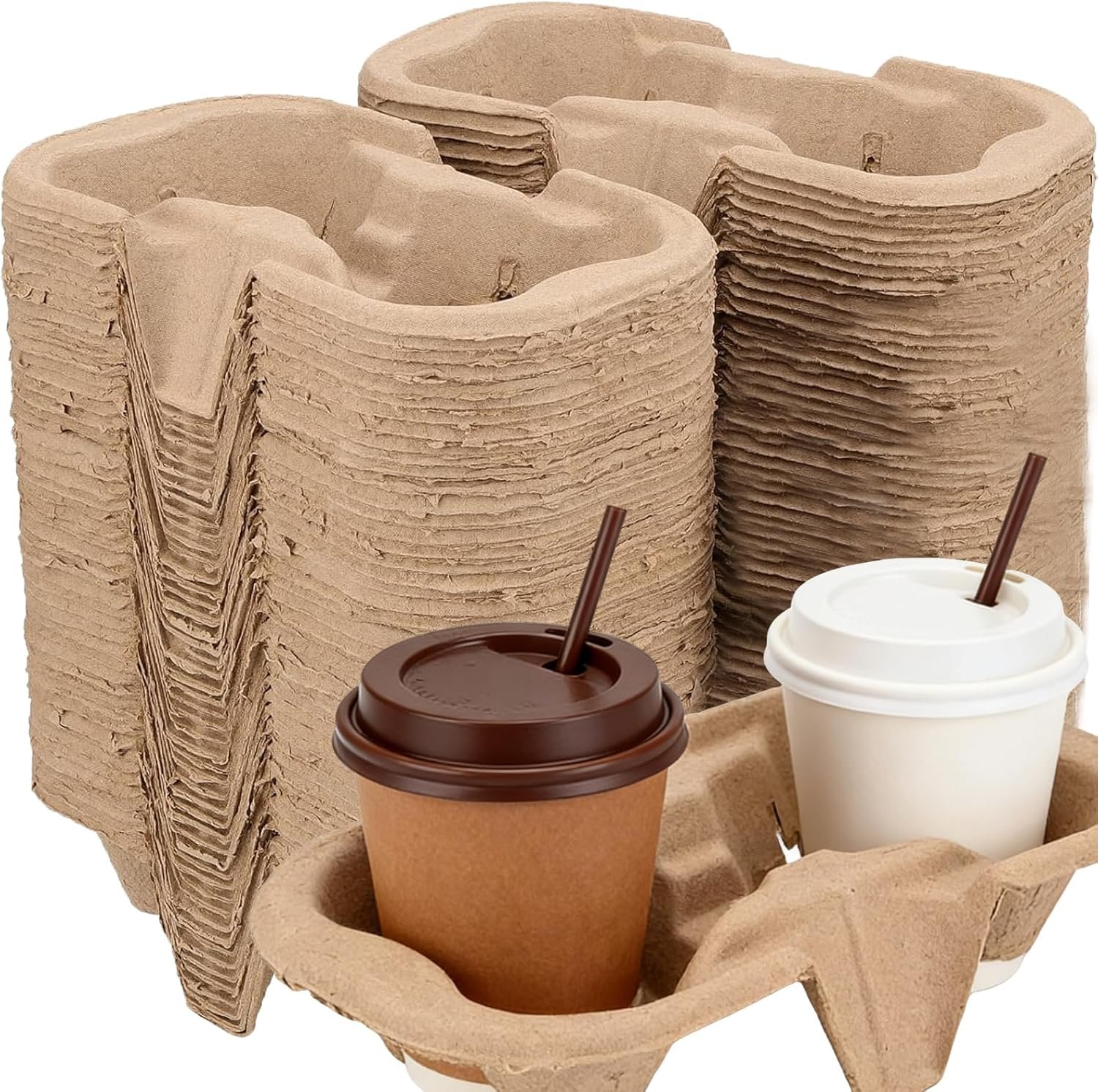 Grossiste Support de Verres à Emporter 100 Paquets, Porte-Gobelet en Fibre de Pulpe, Biodegradable, Pour Boissons Chaudes ou Froides, OEM pour Cafés, Restaurants, Bars à Jus, Marque Blanche.