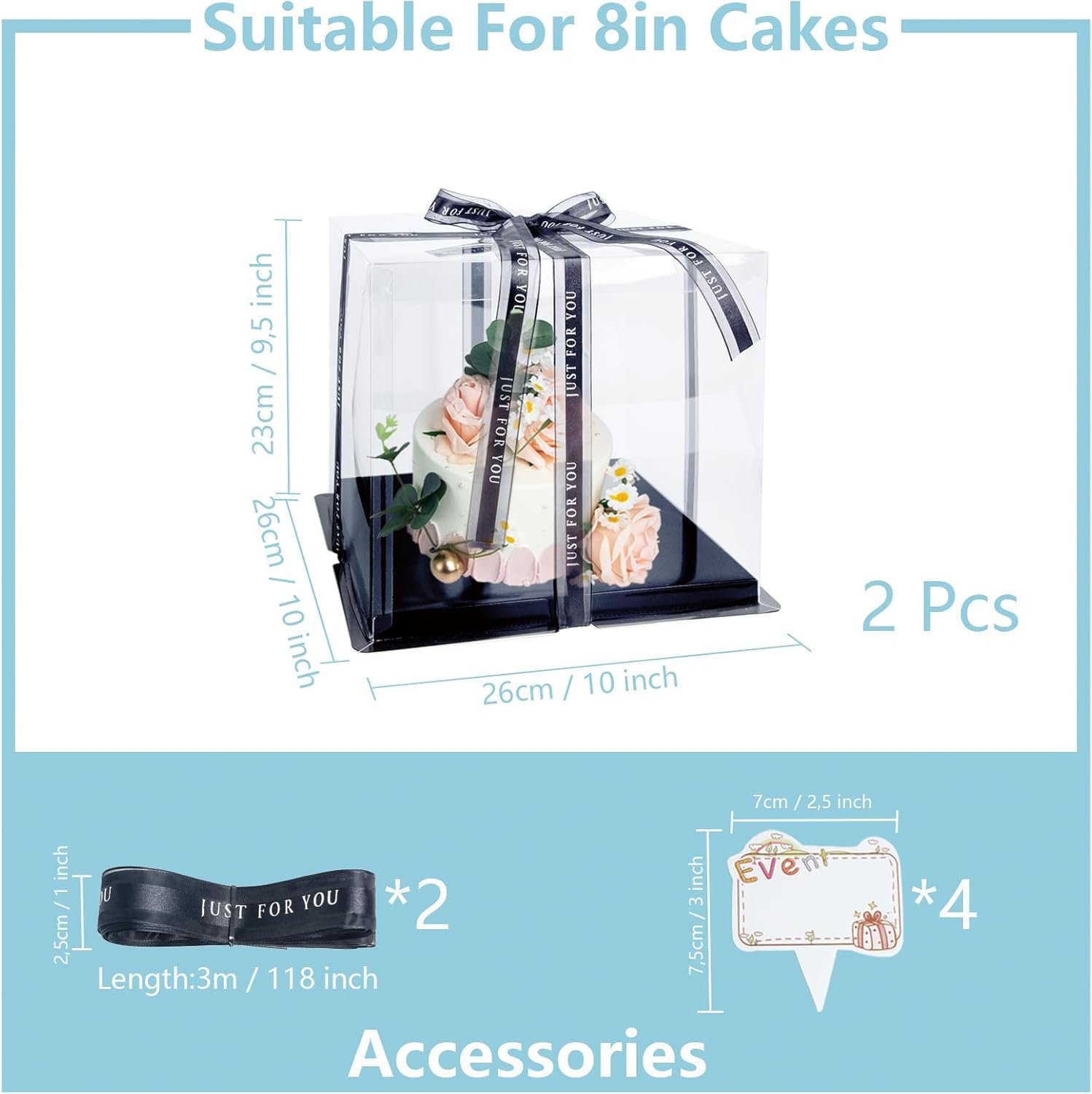 Boîte à gâteau transparente en gros, 2 pièces de 8'' avec couvercles et ruban pour pâtisseries, logo personnalisé, packaging avec carte cadeau pour anniversaire, mariage et fête, fournisseur.