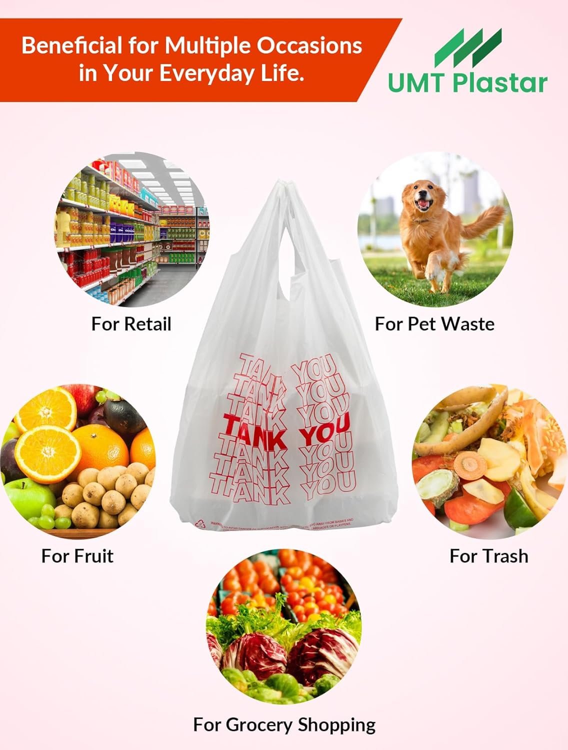 Grossiste en sacs plastiques, sacs de remerciement blancs en plastique avec poignées, dimensions 12