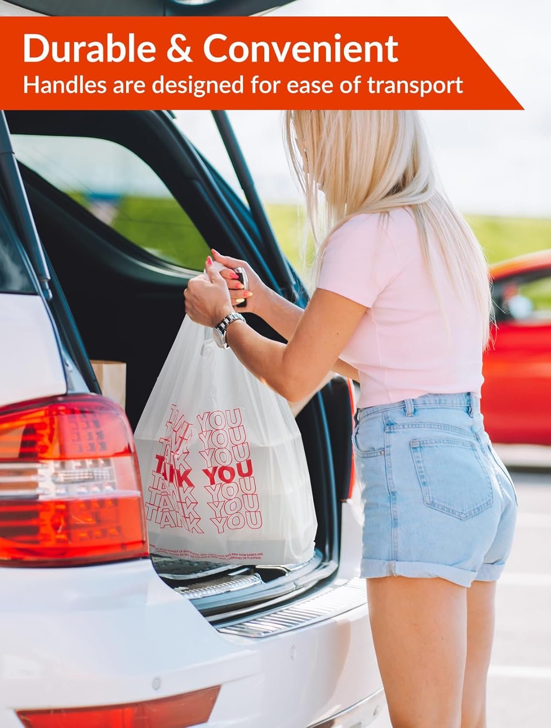 Grossiste en sacs plastiques, sacs de remerciement blancs en plastique avec poignées, dimensions 12