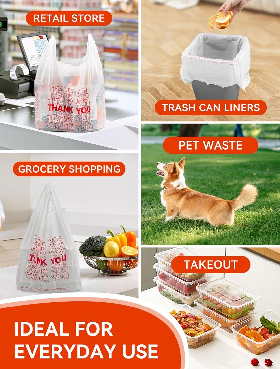 Grossiste en sacs plastiques, sacs de remerciement blancs en plastique avec poignées, dimensions 12