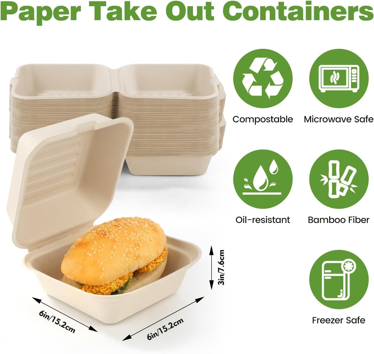 Grossiste Containers alimentaires jetables, 60 pièces, 6 x 6 pouces, clamshell compostables pour sandwichs, hamburger et gâteau, Fournisseur de solutions en vrac pour votre marque blanche. Grossiste Containers alimentaires jetables, 60 pièces, 6 x 6 pouces, clamshell compostables pour sandwichs, hamburger et gâteau, Fournisseur de solutions en vrac pour votre marque blanche.
