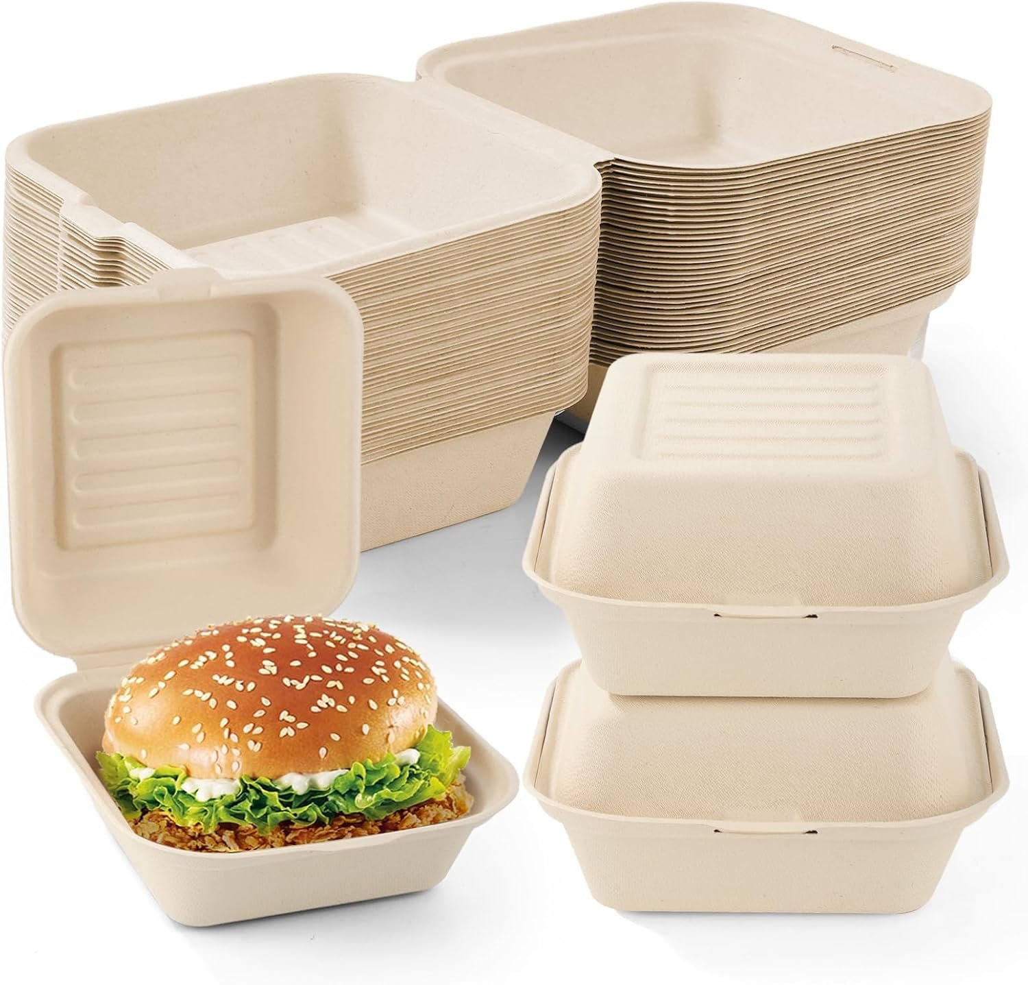 Grossiste Containers alimentaires jetables, 60 pièces, 6 x 6 pouces, clamshell compostables pour sandwichs, hamburger et gâteau, Fournisseur de solutions en vrac pour votre marque blanche.