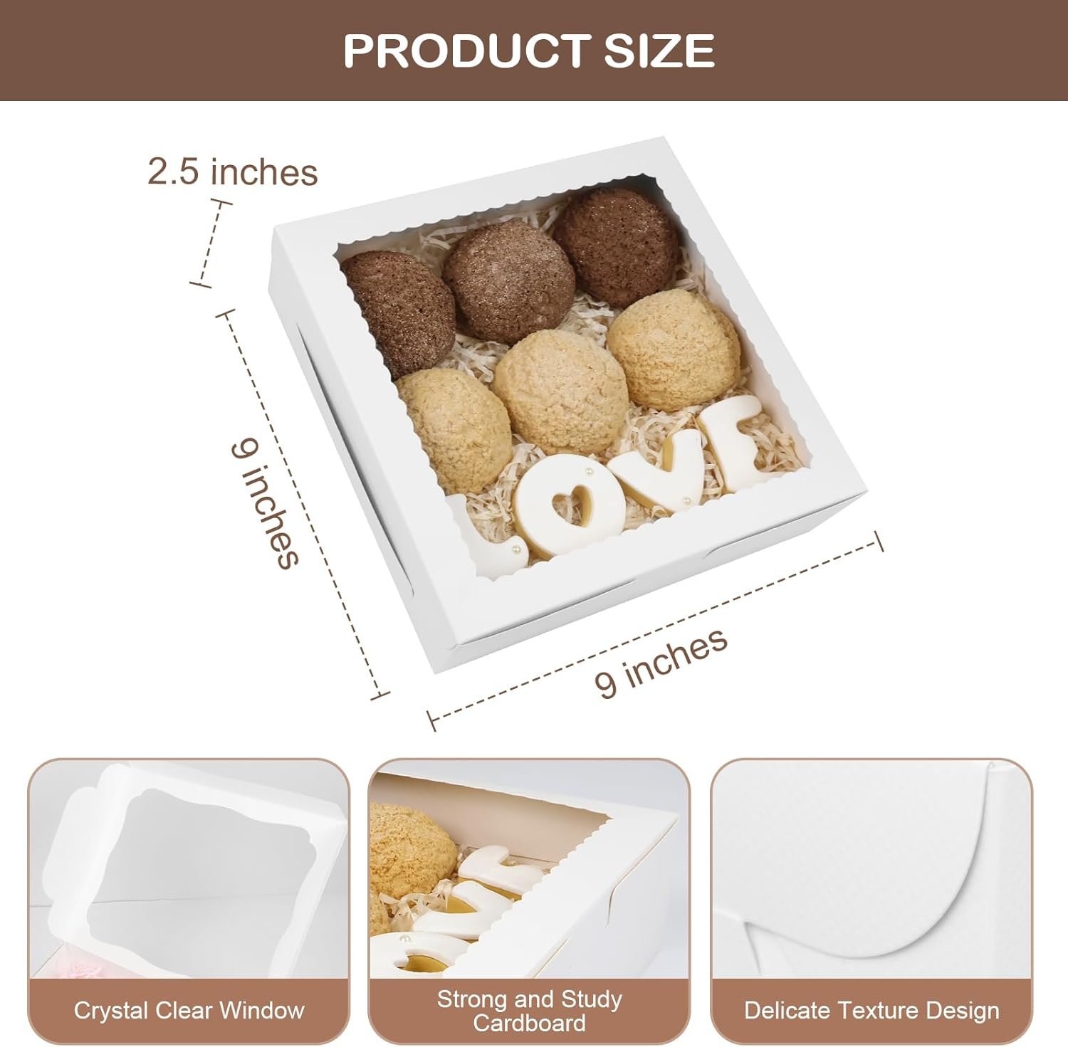 Grossiste en Vrac, Boîtes à Tarte Blanches 9x9x2,5 pouces avec Fenêtre pour Pies, Donuts, Cookies, Muffins, Chocolats, OEM, Marque Blanche