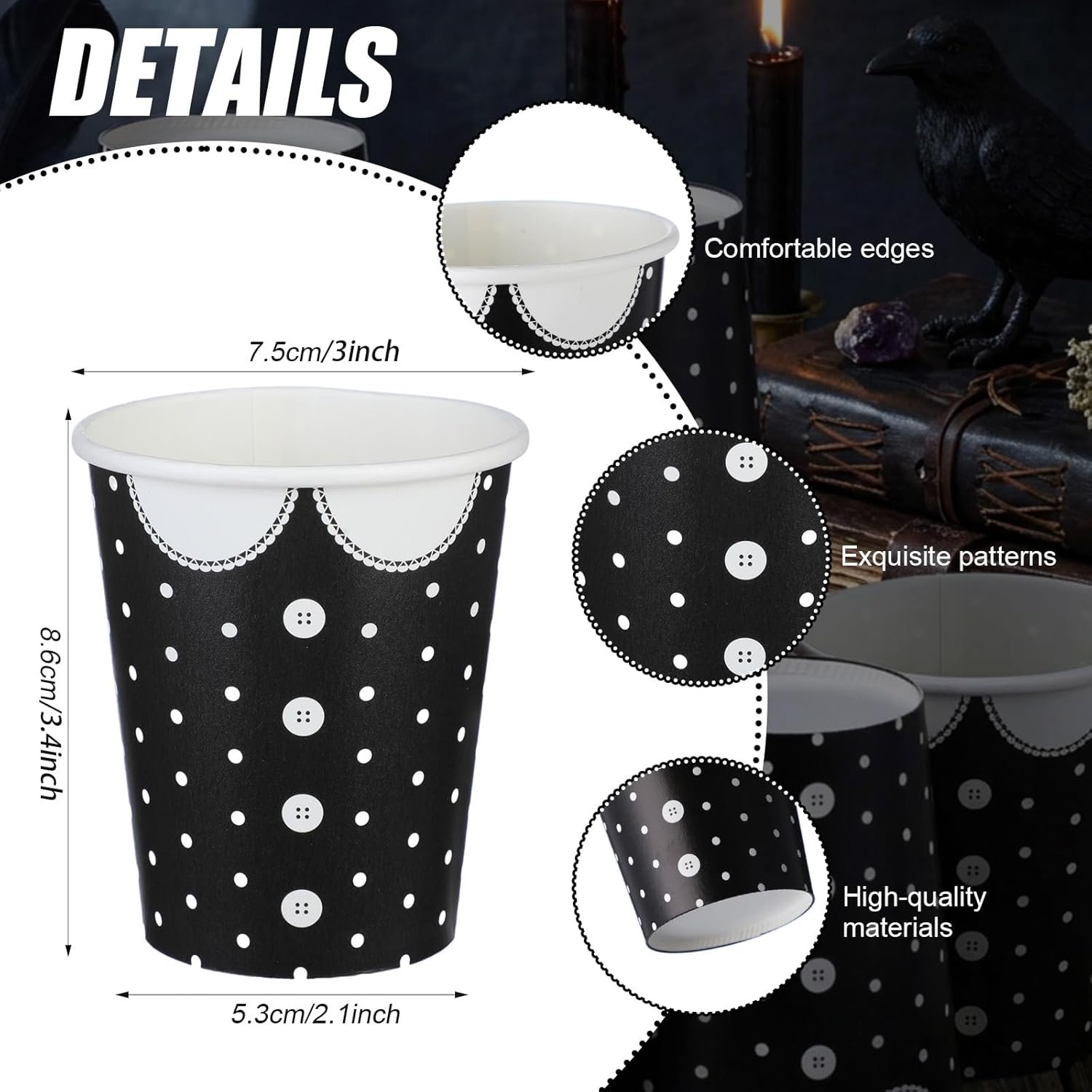 Grossiste gobelets en papier gothiques de 9 oz pour fête d'anniversaire et Halloween, Logo Personnalisé pour des décorations de thématique gothique, Vente en Gros de 150 pièces.