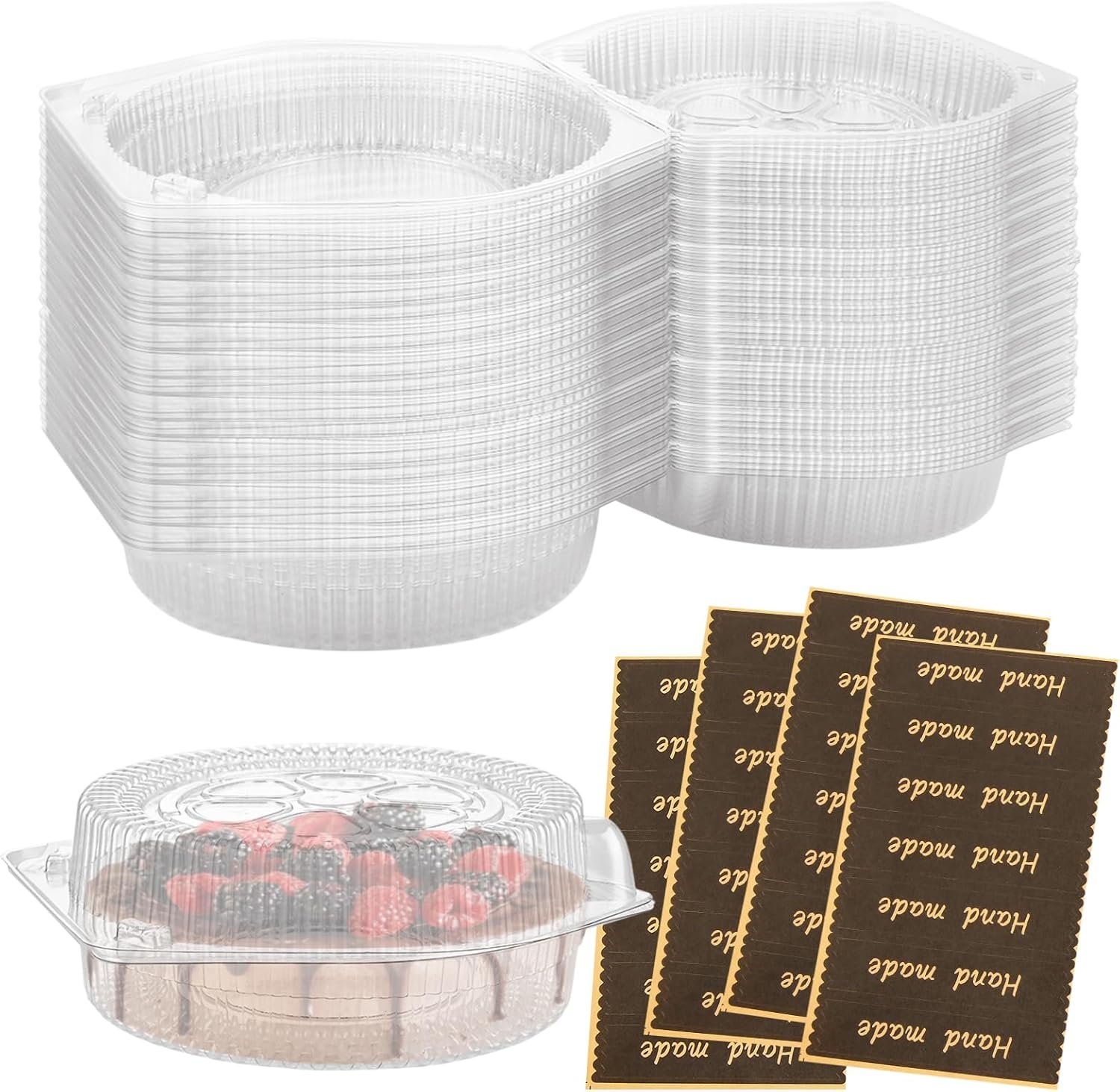 Contenants à emporter en plastique transparent 100 PCS pour tarte clamshell 6" avec couvercles à verrouillage à charnière, grossiste, fournisseur d'emballages alimentaires, OEM pour desserts, gâteaux, cookies, salades, pâtes, sandwichs.