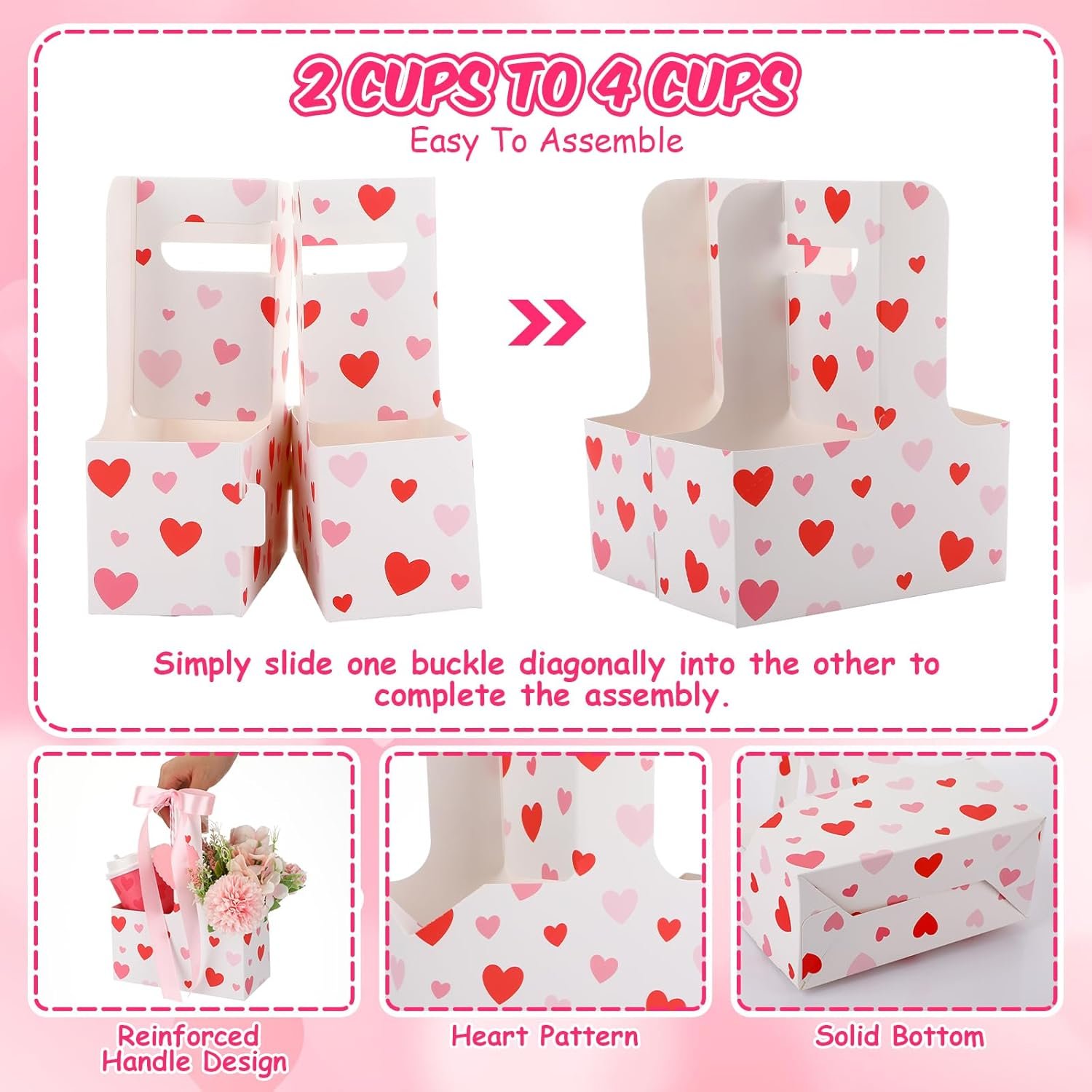 Grossiste 24 Pack Porte-Drink pour 2 Tasses avec Poignée en Forme de Cœur, Ruban Rose, OEM de Porte-Gobelets Jetables, Pratiques pour Cafés et Boissons Chaudes ou Froides, Logo Personnalisé