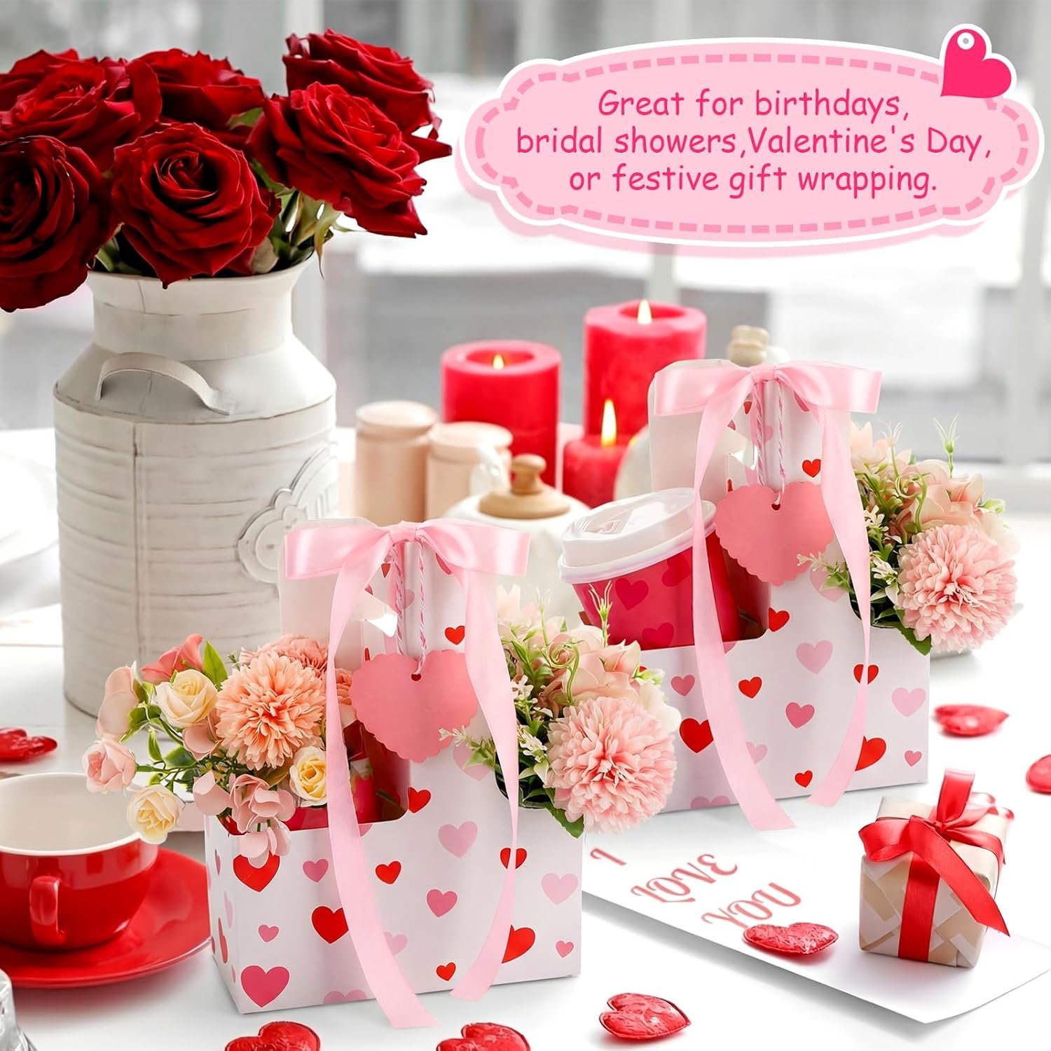 Grossiste 24 Pack Porte-Drink pour 2 Tasses avec Poignée en Forme de Cœur, Ruban Rose, OEM de Porte-Gobelets Jetables, Pratiques pour Cafés et Boissons Chaudes ou Froides, Logo Personnalisé