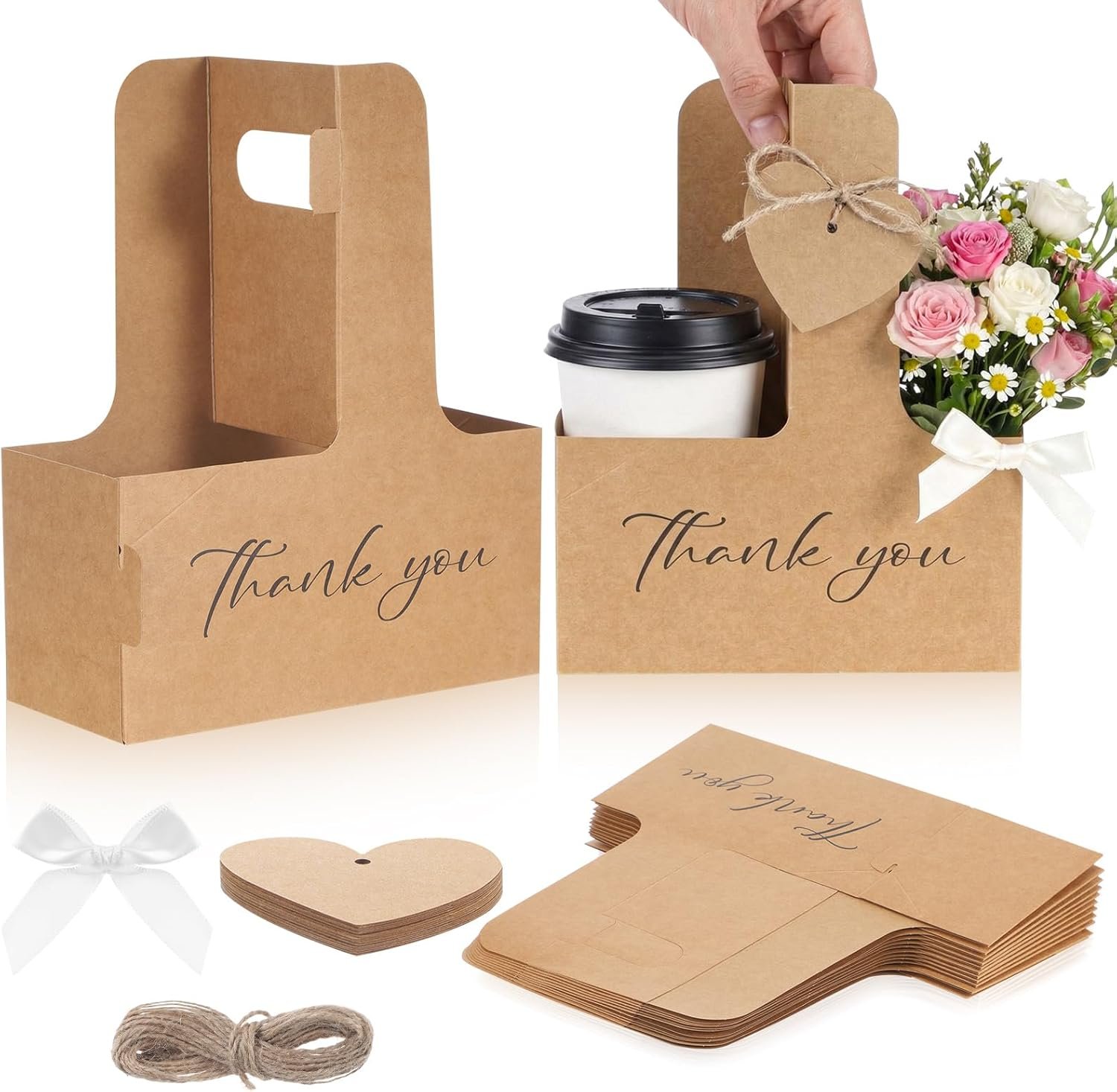 Grossiste porte-gobelets à boisson de 2 tasses, 24 pack avec poignées - sacs cadeaux floraux Merci avec cartes cœur, nœuds, ruban, et jute pour la fête des mères, mariage, remerciement des bénévoles avec Logo Personnalisé. Fabricant spécialisé en vente en gros.