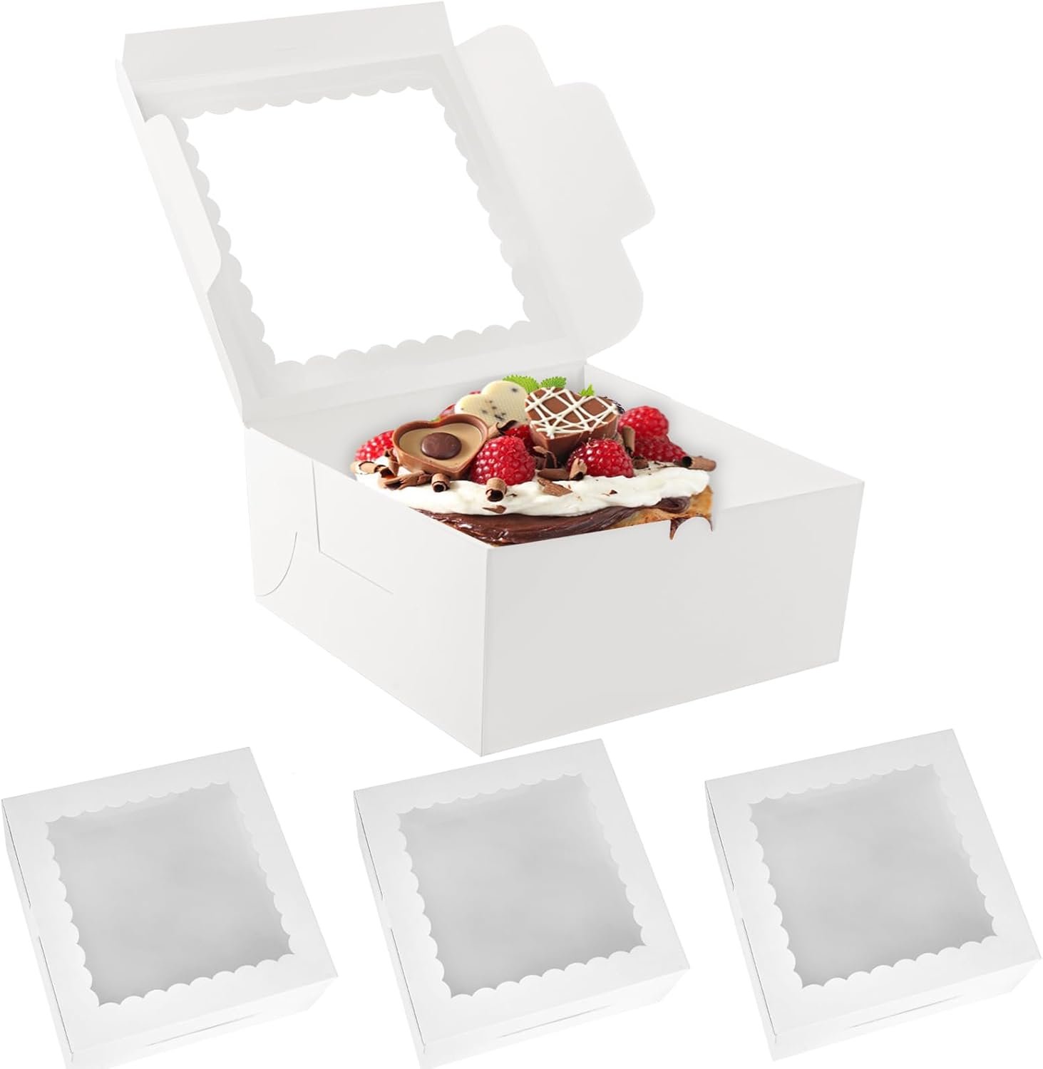 Boîte à gâteaux carrée blanche 10x10x4,5 pouces, idéale pour mariage, anniversaire ou fête, fournisseur de produits en vrac, logo personnalisé, 3 pièces, disposables avec fenêtre pour gâteaux, donuts, biscuits, chocolat, tartes.