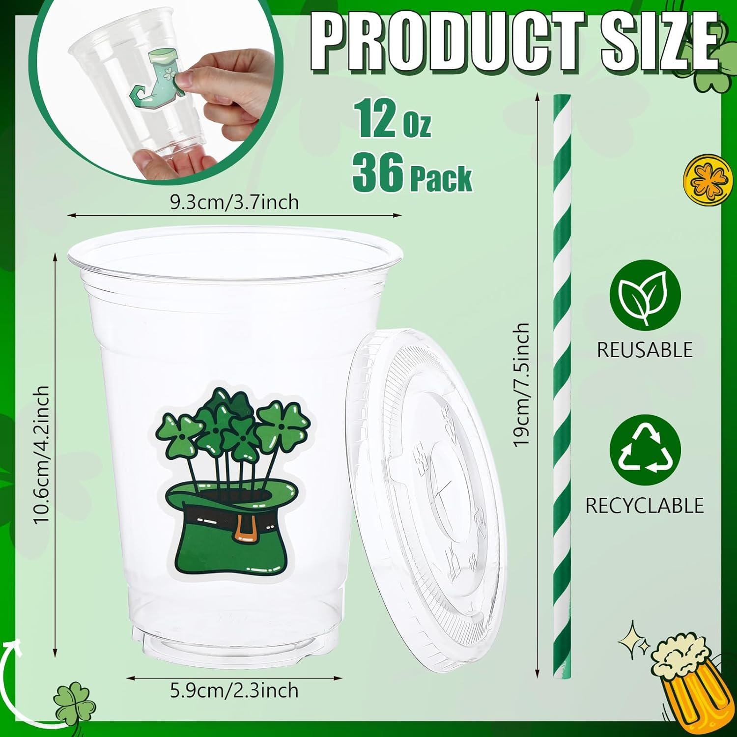 Grossiste gobelets en plastique jetables de 12 oz avec couvercles, pailles et stickers thème irlandais à l'esprit de la Saint-Patrick pour fêtes, marque blanche idéale pour bière, jus et café. Fabricant de 36 pièces en vrac. Personnalisation disponible.