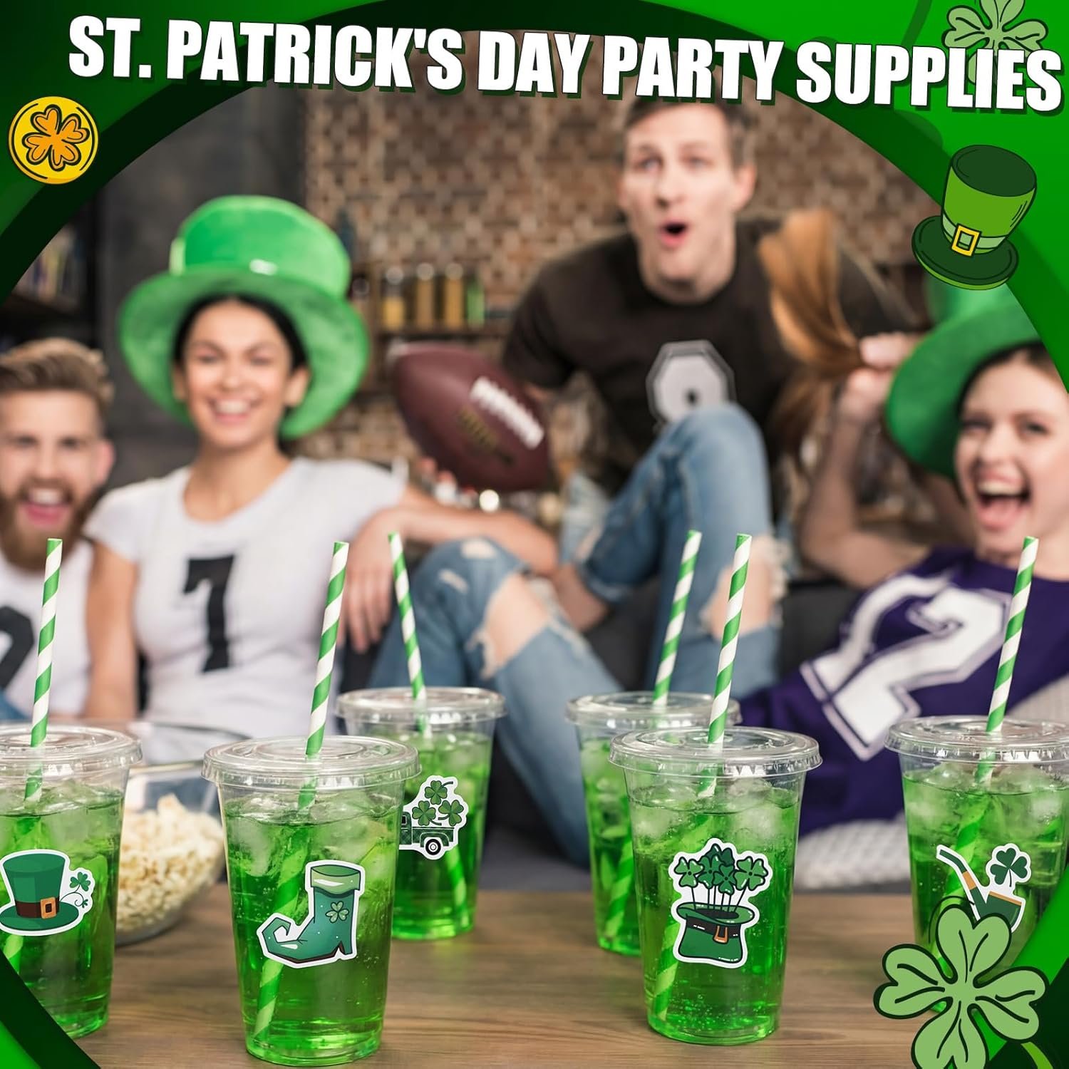 Grossiste gobelets en plastique jetables de 12 oz avec couvercles, pailles et stickers thème irlandais à l'esprit de la Saint-Patrick pour fêtes, marque blanche idéale pour bière, jus et café. Fabricant de 36 pièces en vrac. Personnalisation disponible.