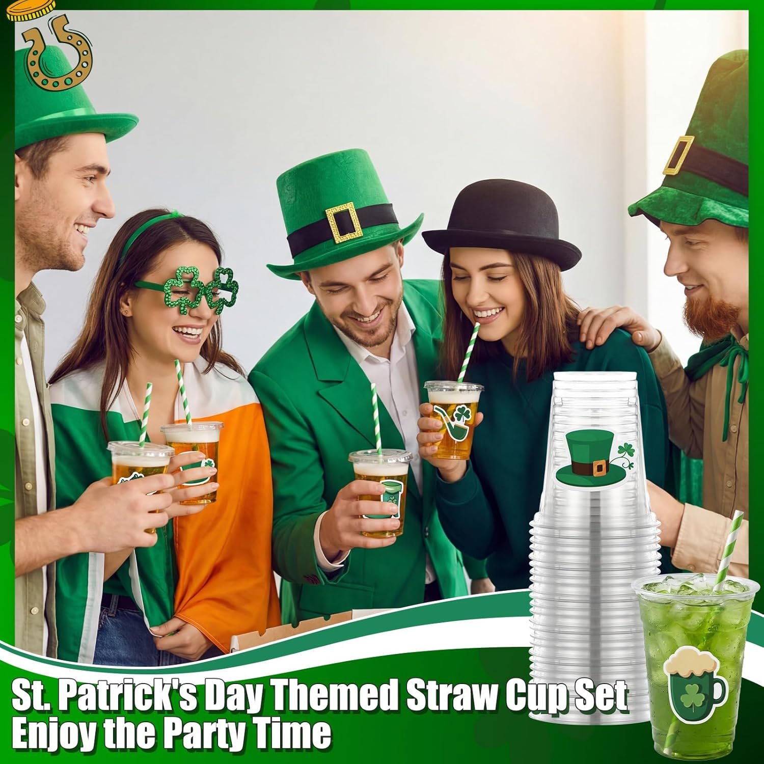 Grossiste gobelets en plastique jetables de 12 oz avec couvercles, pailles et stickers thème irlandais à l'esprit de la Saint-Patrick pour fêtes, marque blanche idéale pour bière, jus et café. Fabricant de 36 pièces en vrac. Personnalisation disponible.