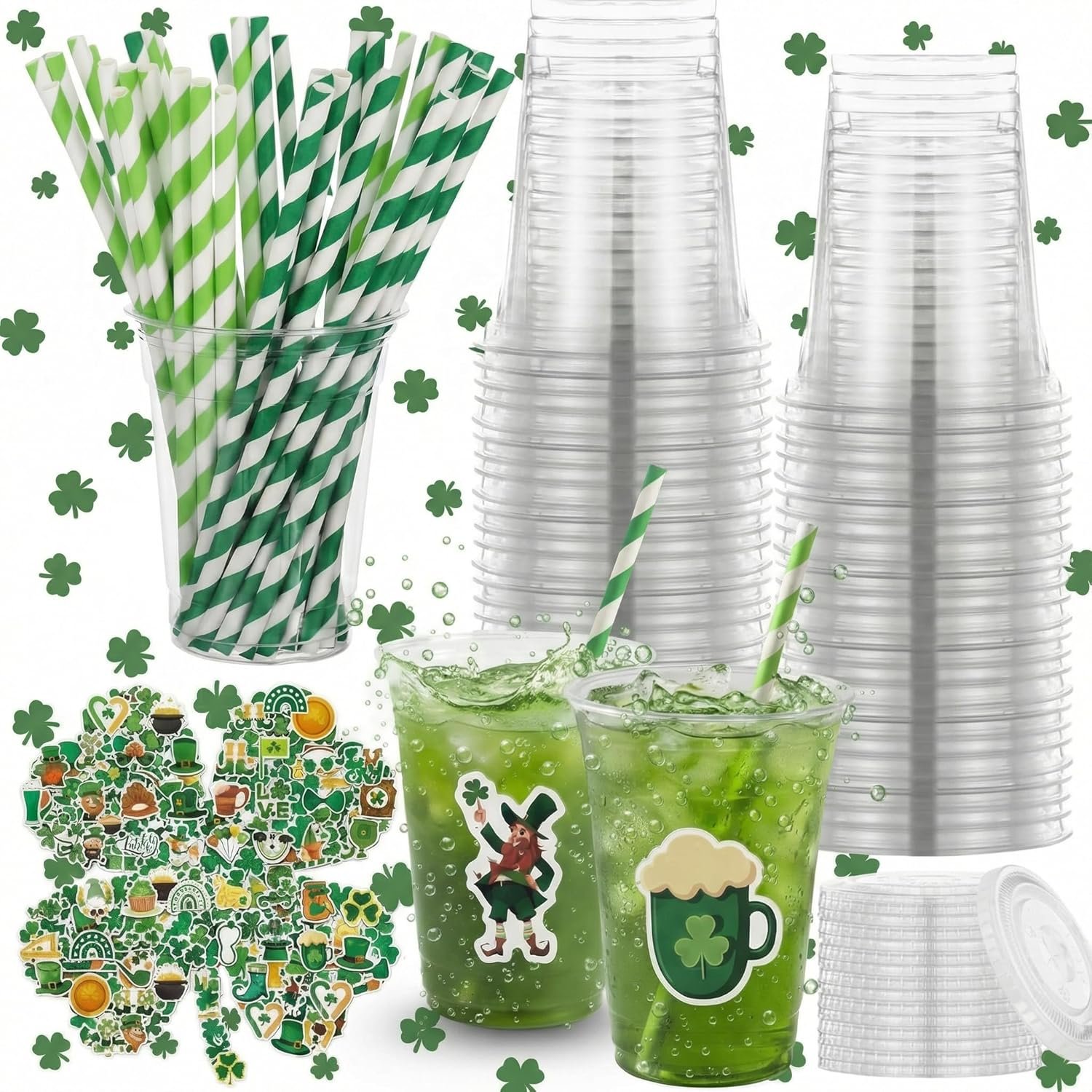 Grossiste gobelets en plastique jetables de 12 oz avec couvercles, pailles et stickers thème irlandais à l'esprit de la Saint-Patrick pour fêtes, marque blanche idéale pour bière, jus et café. Fabricant de 36 pièces en vrac. Personnalisation disponible.