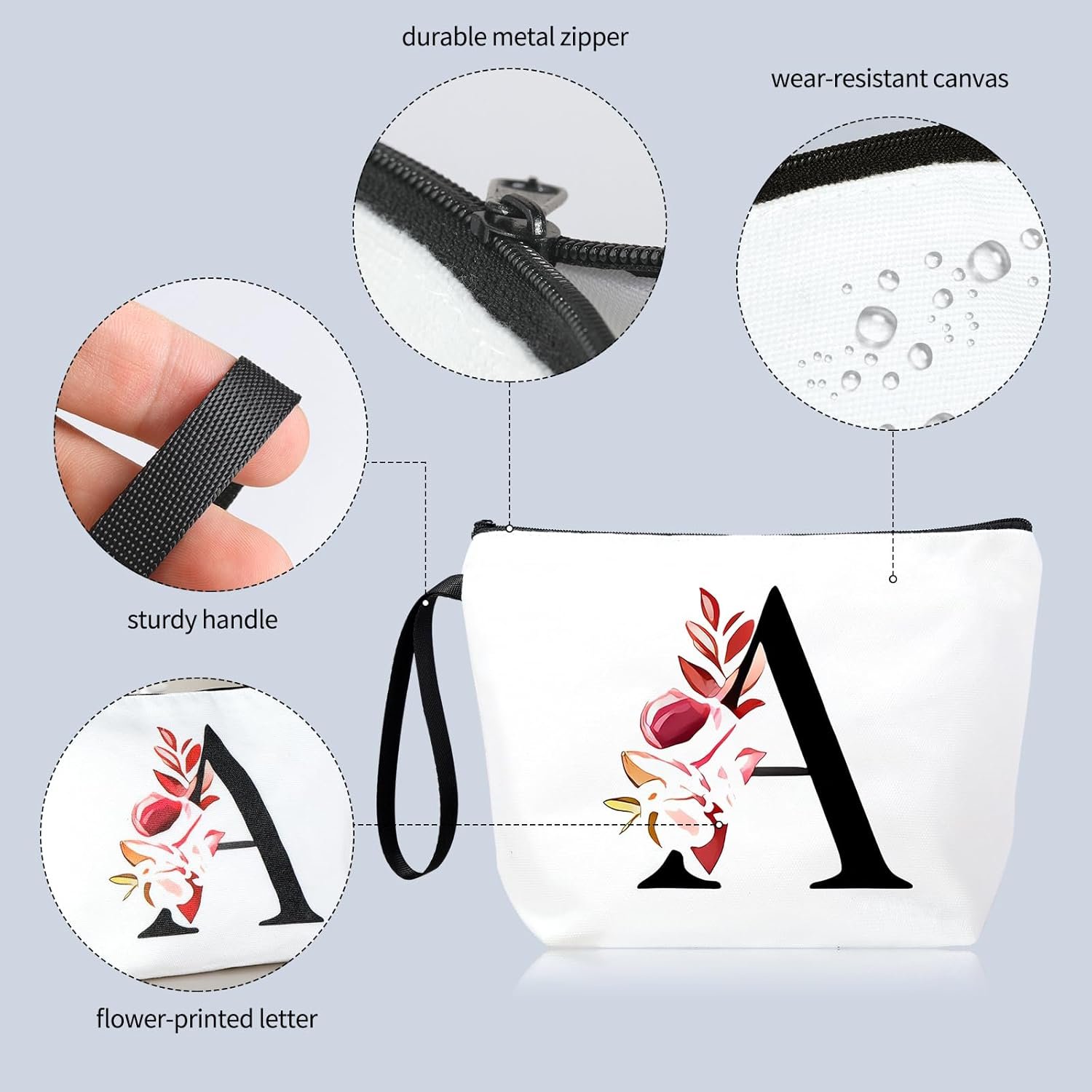 Grossiste de sacs cosmétiques personnalisés - Logo Personnalisé pour trousse de maquillage, petite taille idéale pour le voyage, cadeaux d'anniversaire pour femmes et demoiselles d'honneur, lettre A, Fabricant de sacs en toile.