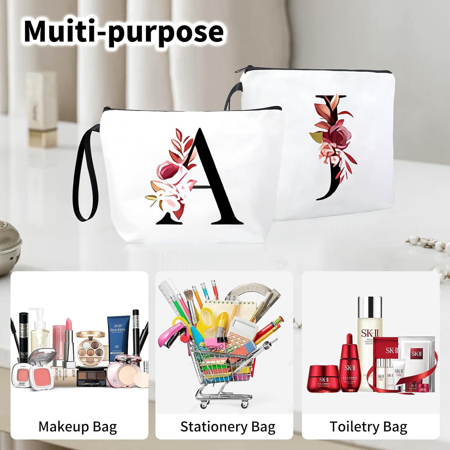 Grossiste de sacs cosmétiques personnalisés - Logo Personnalisé pour trousse de maquillage, petite taille idéale pour le voyage, cadeaux d'anniversaire pour femmes et demoiselles d'honneur, lettre A, Fabricant de sacs en toile.
