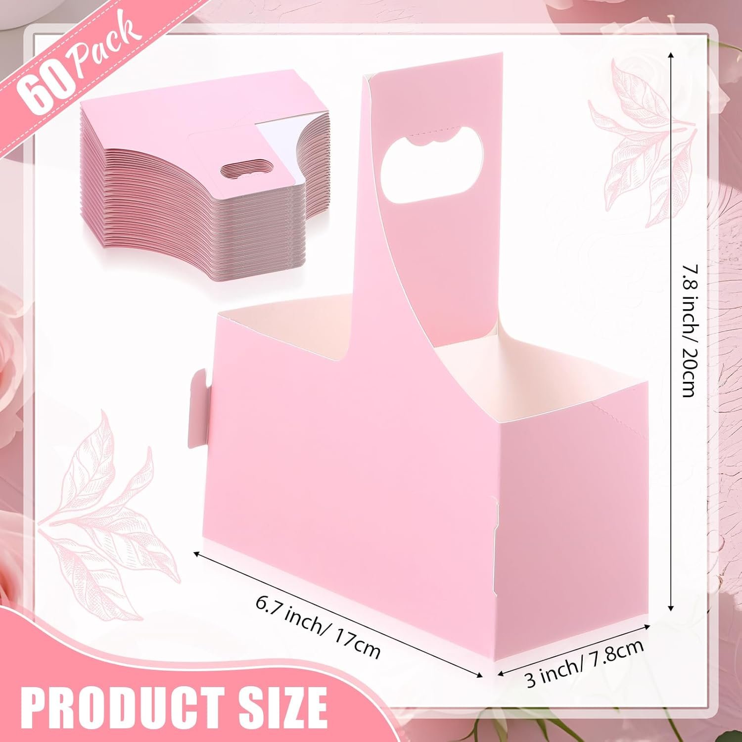 Grossiste porte-gobelets en papier rose 60 pièces 2 tasses avec poignées, 7.87 x 3.07 x 6.77 pouces, solution de livraison de café pour restaurant, OEM, fabricant de porte-boissons en vrac.