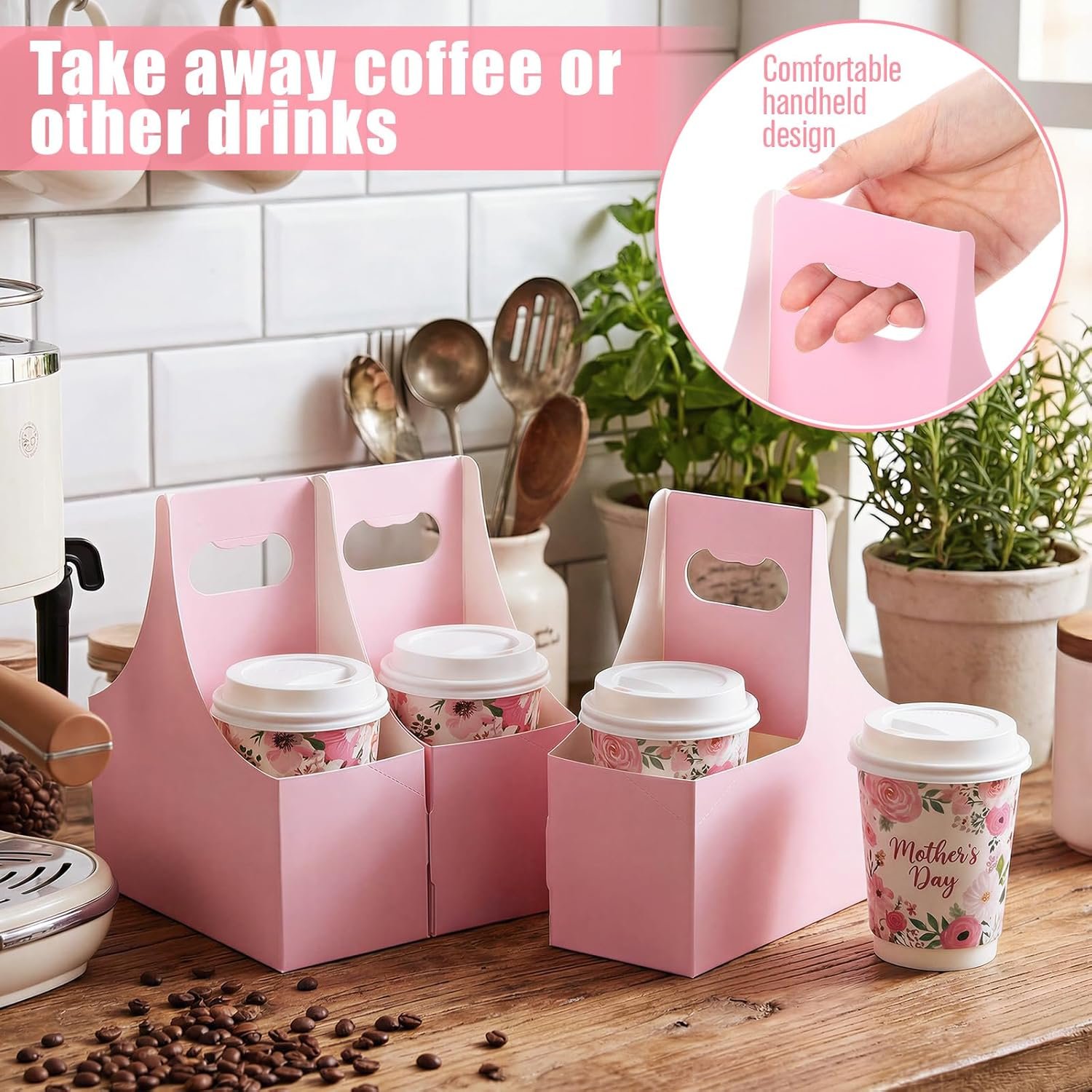 Grossiste porte-gobelets en papier rose 60 pièces 2 tasses avec poignées, 7.87 x 3.07 x 6.77 pouces, solution de livraison de café pour restaurant, OEM, fabricant de porte-boissons en vrac.