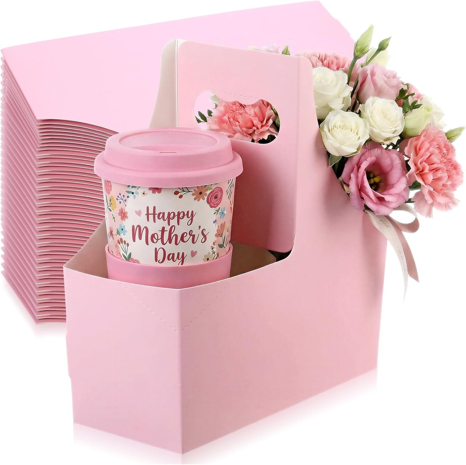 Grossiste porte-gobelets en papier rose 60 pièces 2 tasses avec poignées, 7.87 x 3.07 x 6.77 pouces, solution de livraison de café pour restaurant, OEM, fabricant de porte-boissons en vrac.