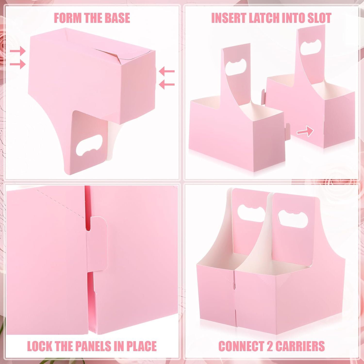 Grossiste porte-gobelets en papier rose 60 pièces 2 tasses avec poignées, 7.87 x 3.07 x 6.77 pouces, solution de livraison de café pour restaurant, OEM, fabricant de porte-boissons en vrac.