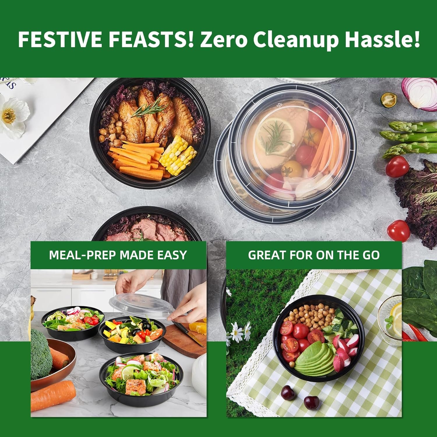 Grossiste Contenants rond pour repas avec couvercles, 50 pièces 48 oz, conteneurs de stockage alimentaires jetables et hermétiques, Fabricant de boîtes à lunch en plastique, sans BPA, compatibles avec le micro-ondes, le lave-vaisselle et le congélateur, OEM.