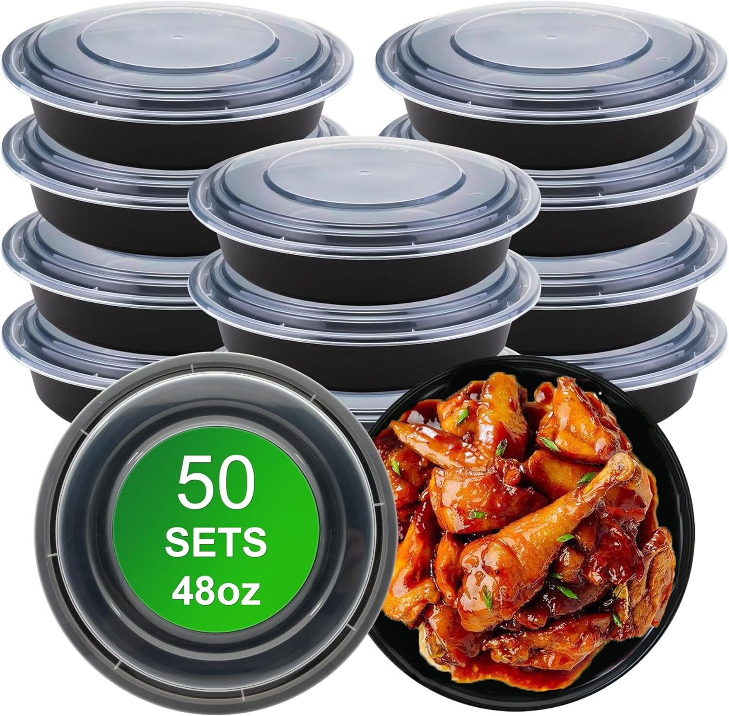 Grossiste Contenants rond pour repas avec couvercles, 50 pièces 48 oz, conteneurs de stockage alimentaires jetables et hermétiques, Fabricant de boîtes à lunch en plastique, sans BPA, compatibles avec le micro-ondes, le lave-vaisselle et le congélateur, OEM.