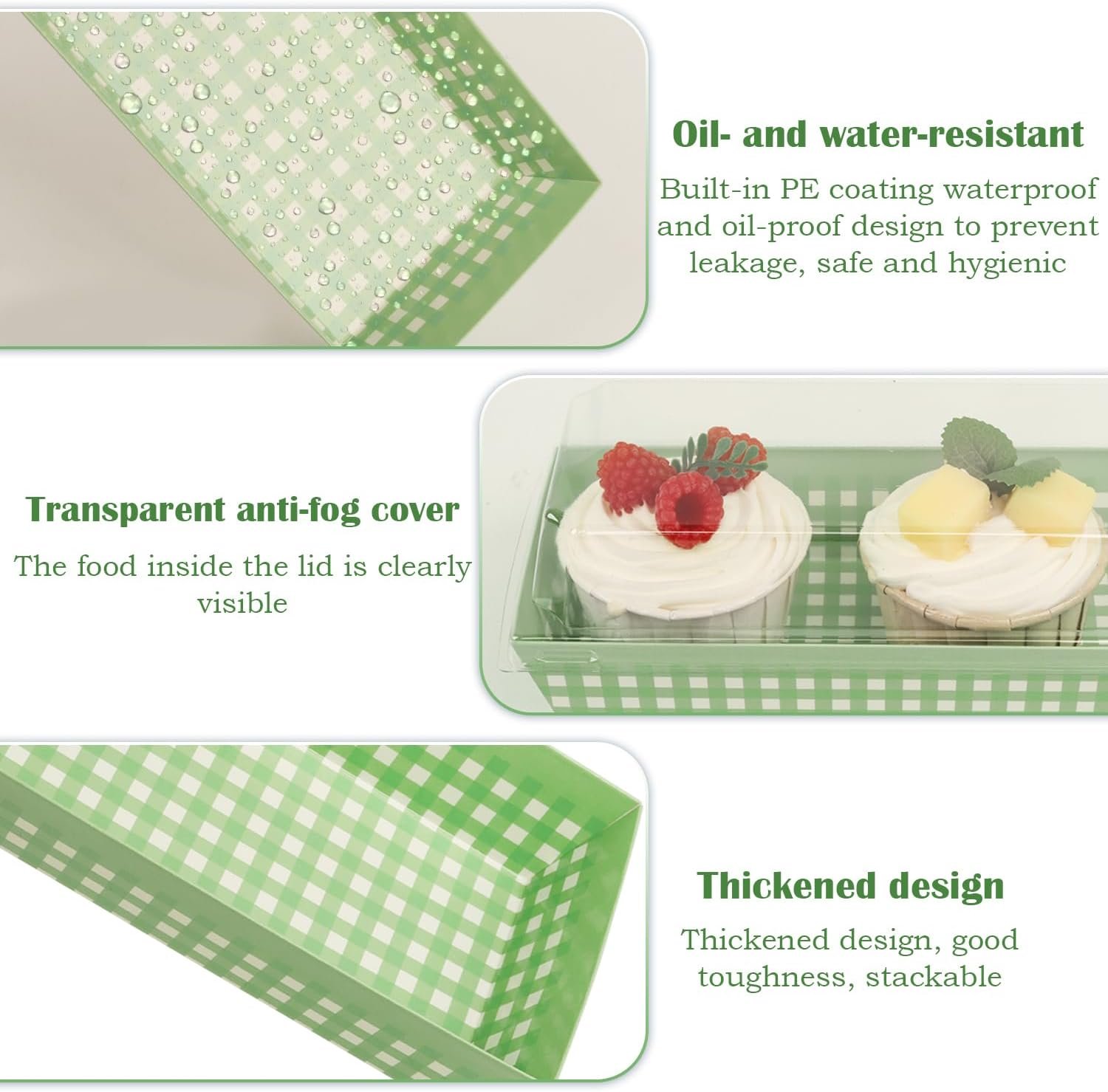 Boîte à Gâteau en Plastique pour Roulés, 50 Pack, Vente en Gros, Fournisseur de Conteneurs à Gâteau avec Couvercle Transparent, Support de Desserts Muffins Fromage Pâtisserie Sushi Fruits (Grille Verte) - Logo Personnalisé