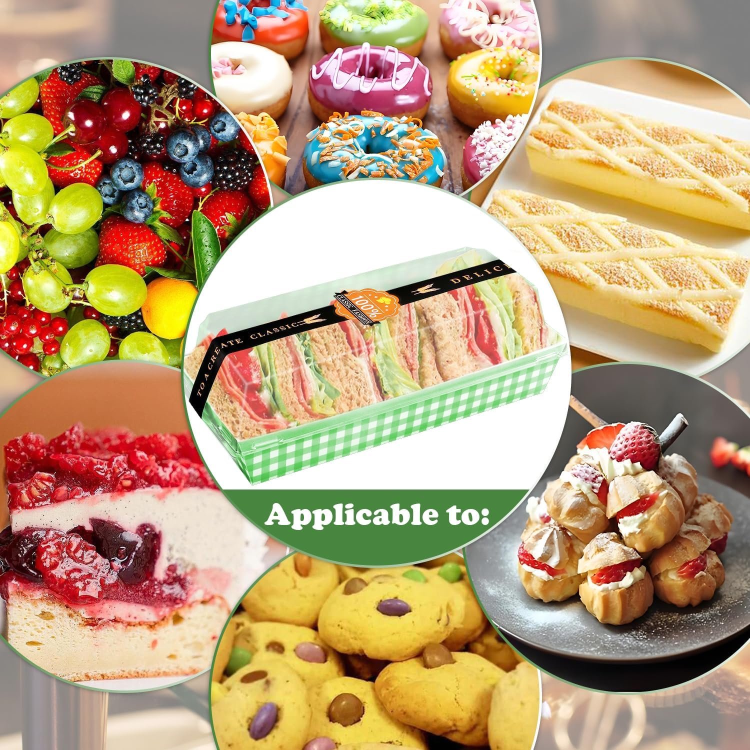 Boîte à Gâteau en Plastique pour Roulés, 50 Pack, Vente en Gros, Fournisseur de Conteneurs à Gâteau avec Couvercle Transparent, Support de Desserts Muffins Fromage Pâtisserie Sushi Fruits (Grille Verte) - Logo Personnalisé