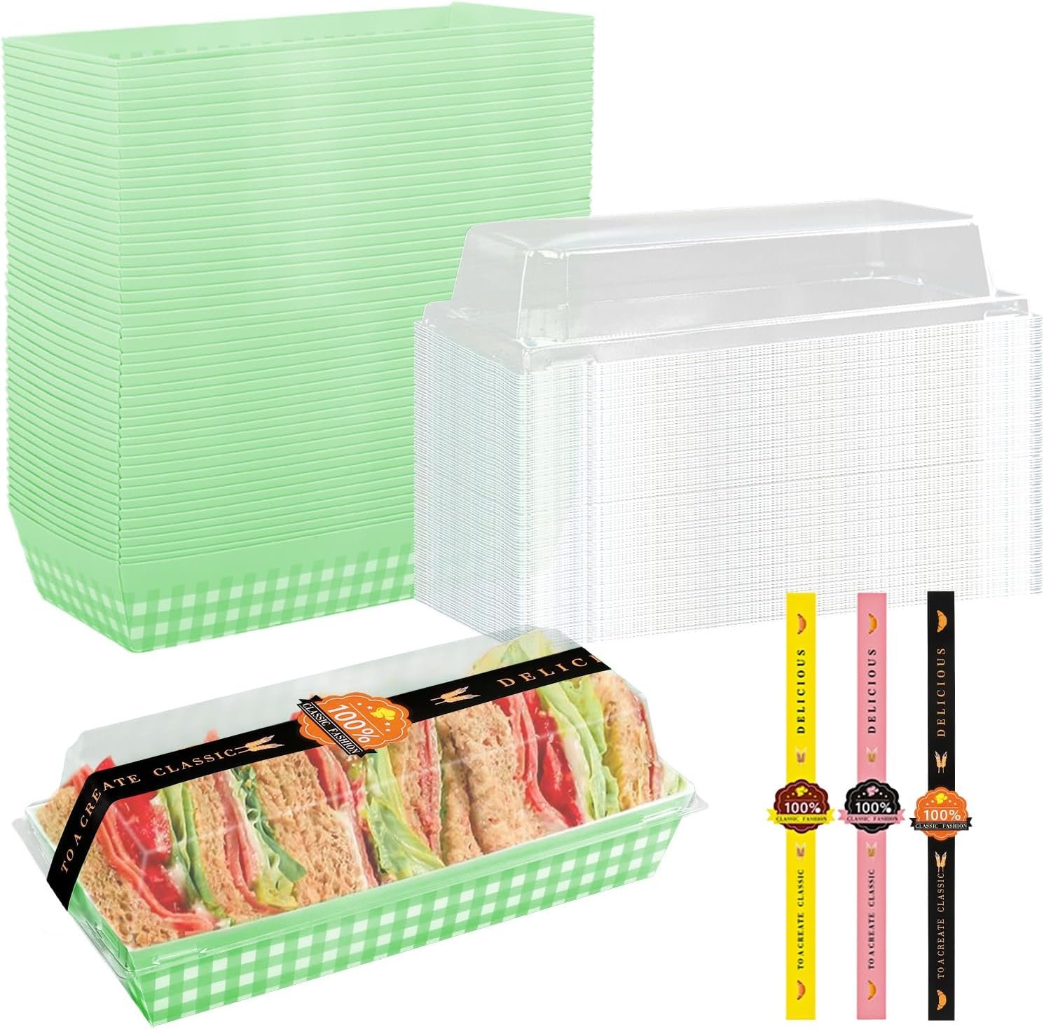 Boîte à Gâteau en Plastique pour Roulés, 50 Pack, Vente en Gros, Fournisseur de Conteneurs à Gâteau avec Couvercle Transparent, Support de Desserts Muffins Fromage Pâtisserie Sushi Fruits (Grille Verte) - Logo Personnalisé