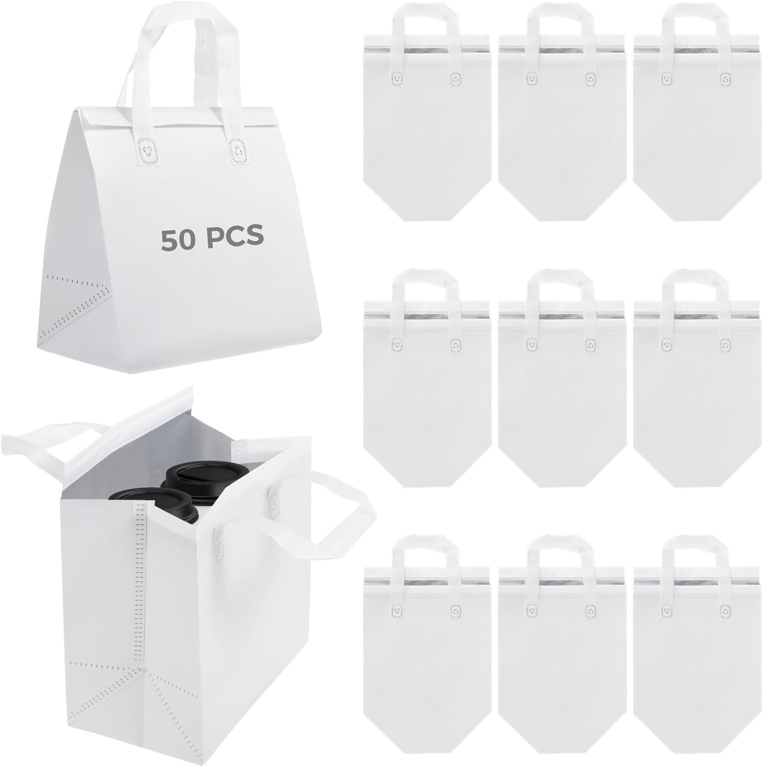 Grossiste de sacs isothermes à emporter 50 PCS, 9.5"x6"x9.5", Contenants thermiques de qualité commerciale pour livraison de café, pizza et courses - Fournisseur de pochettes professionnelles en vente en gros avec logo personnalisé.