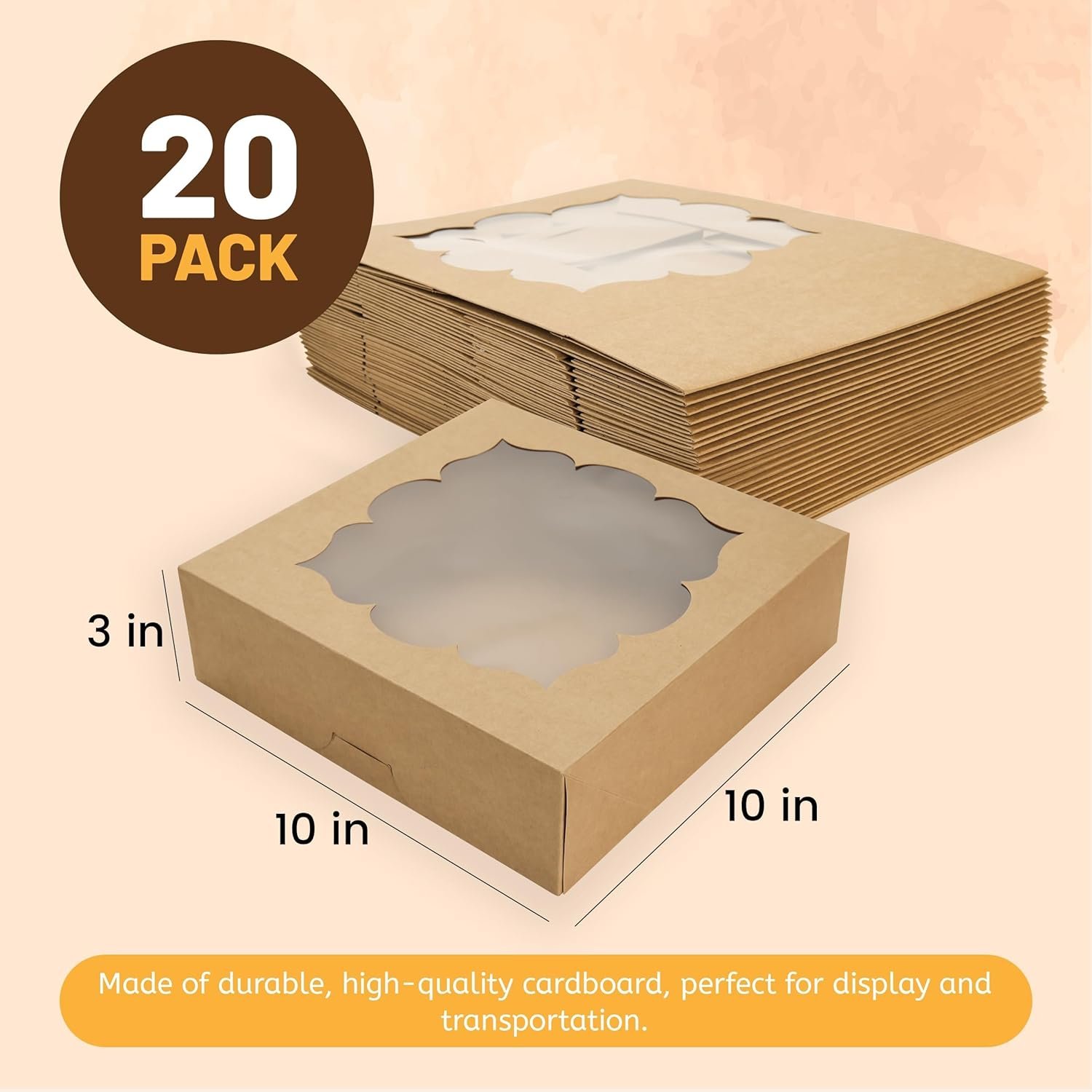 Boîte à tarte 20 pièces 10x10x3 pouces, vente en gros, idéale pour les desserts, avec fenêtre pour tartes, cheesecakes et fraises enrobées de chocolat, fournisseur de solutions d'emballage personnalisé, couleur marron.