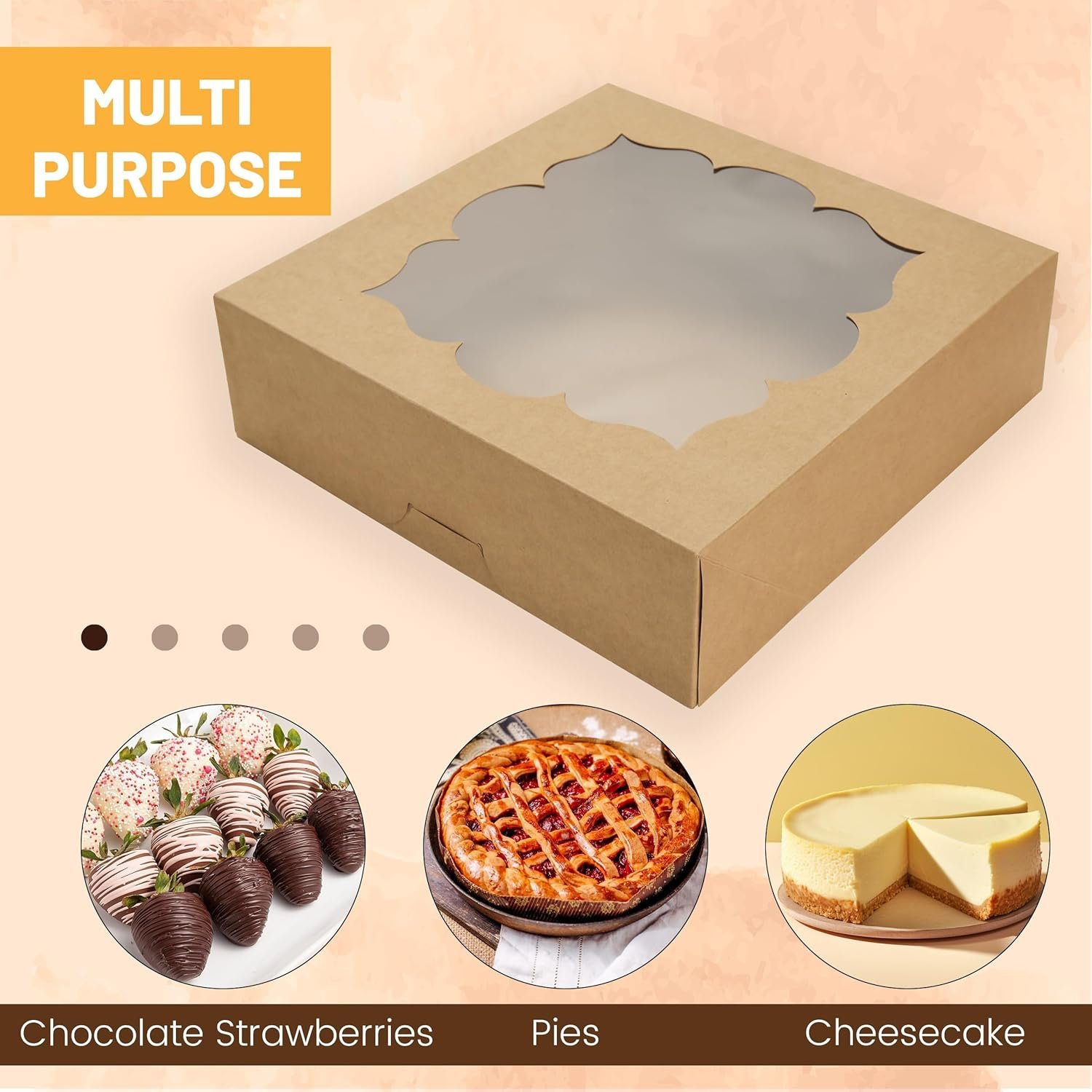 Boîte à tarte 20 pièces 10x10x3 pouces, vente en gros, idéale pour les desserts, avec fenêtre pour tartes, cheesecakes et fraises enrobées de chocolat, fournisseur de solutions d'emballage personnalisé, couleur marron.