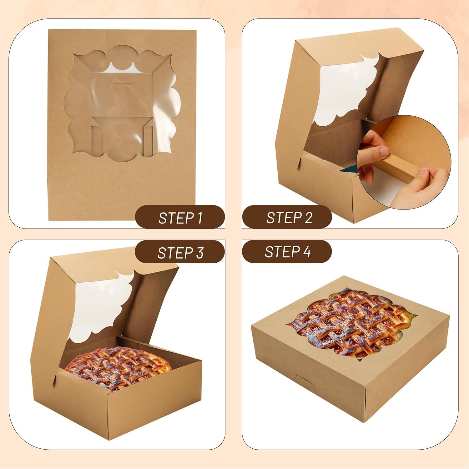Boîte à tarte 20 pièces 10x10x3 pouces, vente en gros, idéale pour les desserts, avec fenêtre pour tartes, cheesecakes et fraises enrobées de chocolat, fournisseur de solutions d'emballage personnalisé, couleur marron.