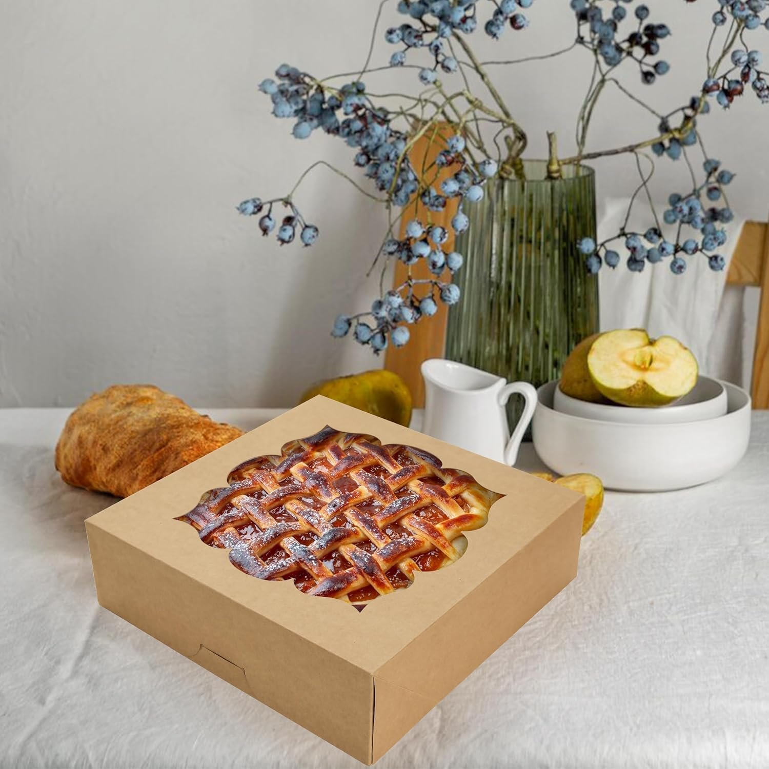 Boîte à tarte 20 pièces 10x10x3 pouces, vente en gros, idéale pour les desserts, avec fenêtre pour tartes, cheesecakes et fraises enrobées de chocolat, fournisseur de solutions d'emballage personnalisé, couleur marron.