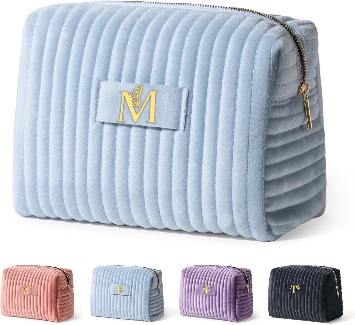 Grossiste trousse de maquillage personnalisée pour femmes avec logo personnalisé, cadeau de Pâques pour sa meilleure amie ou sa sœur, pouch de voyage monogrammé en bleu, letter M, fournisseur de produits en gros.