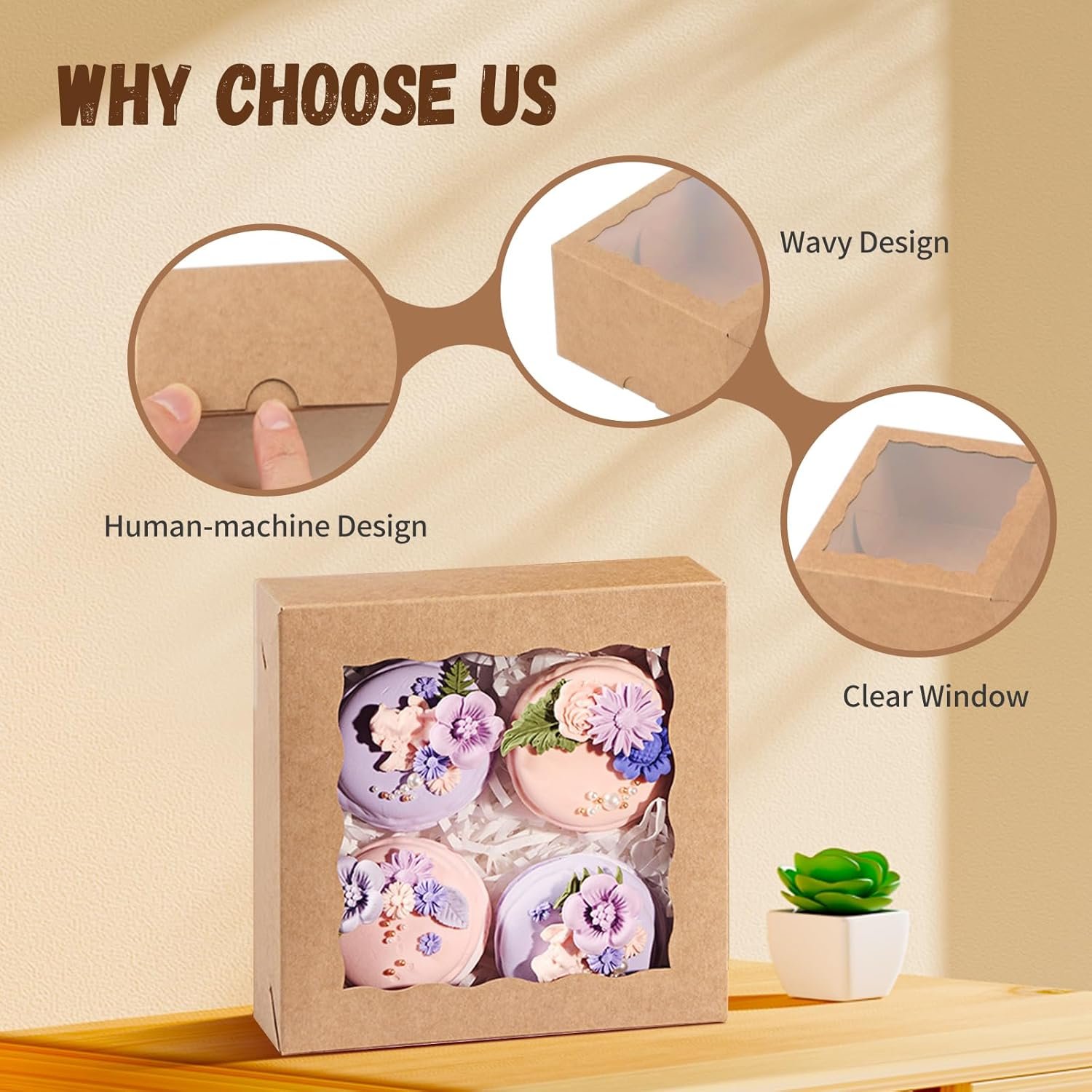 Boxes à Pâtisserie Vente en Gros de 20 Pcs 5x5x2 Pouces avec Fenêtre pour Cookies, Mini Gâteaux, Fraises Chocolatées, Macarons, Tartes et Brownies - Logo Personnalisé chez le Fabricant