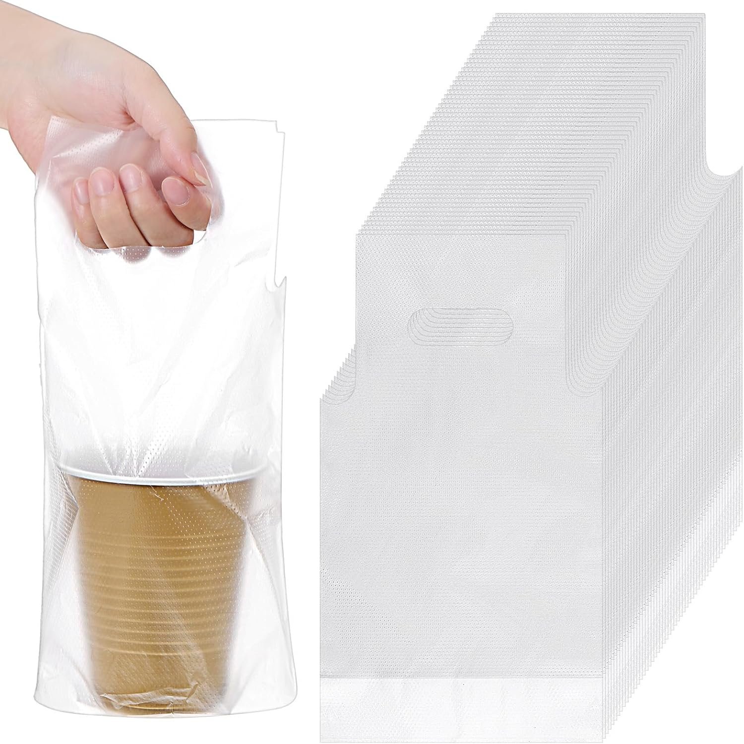 Grossiste de sacs en plastique polyéthylène à poignée pour boissons, support pour tasses de 1, 1000 pièces, 6" L x 11" H, fournisseur de porte-tasses pour café, thé, jus, boisson à emporter, logo personnalisé.