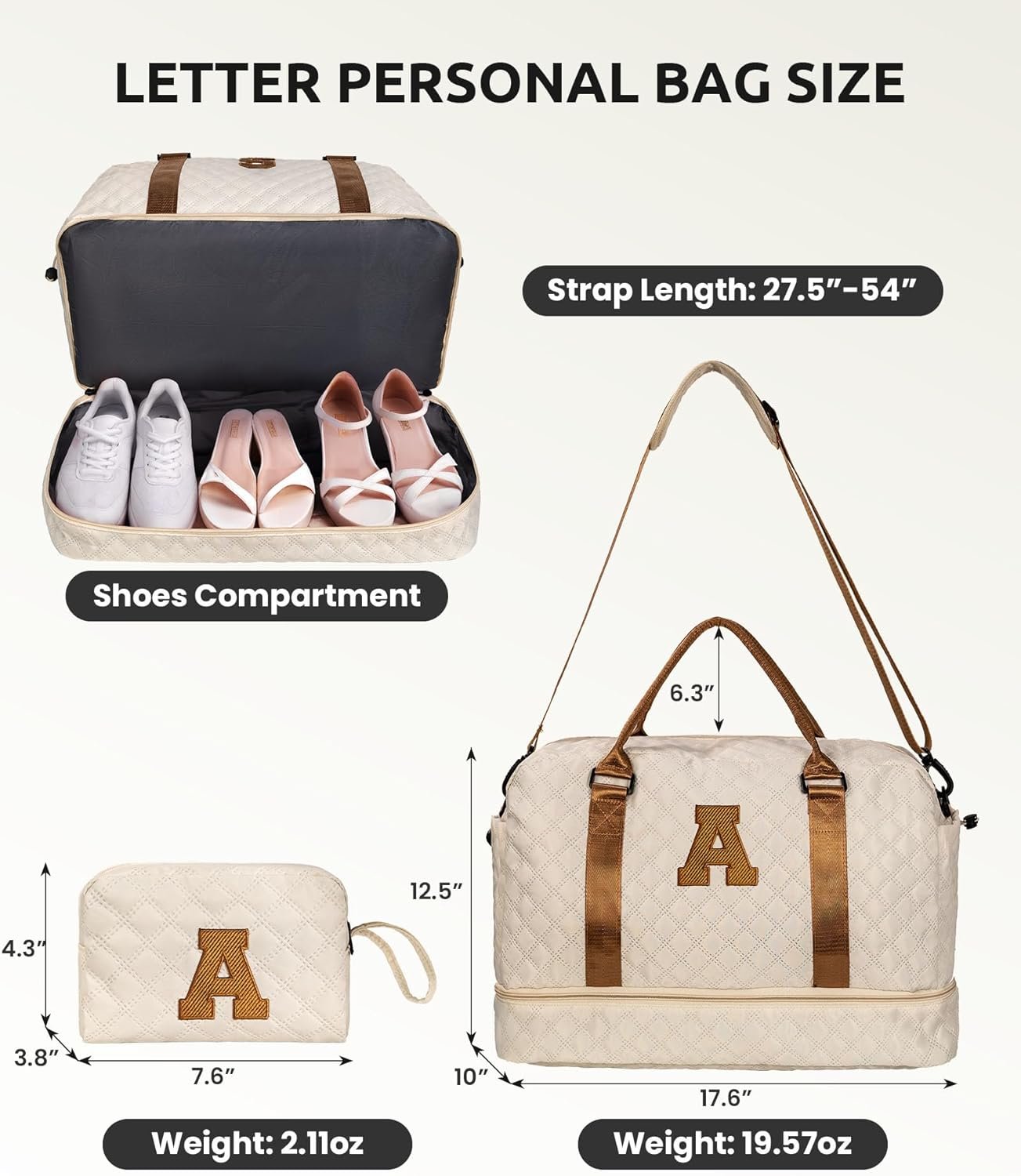 Duffle bag personnalisée avec initiale, idéal pour les cadeaux de filles, fabriquée par un fournisseur professionnel, sac weekender avec compartiment à chaussures et trousse de maquillage, vente en gros pour les adolescentes tendance (Lettre B)