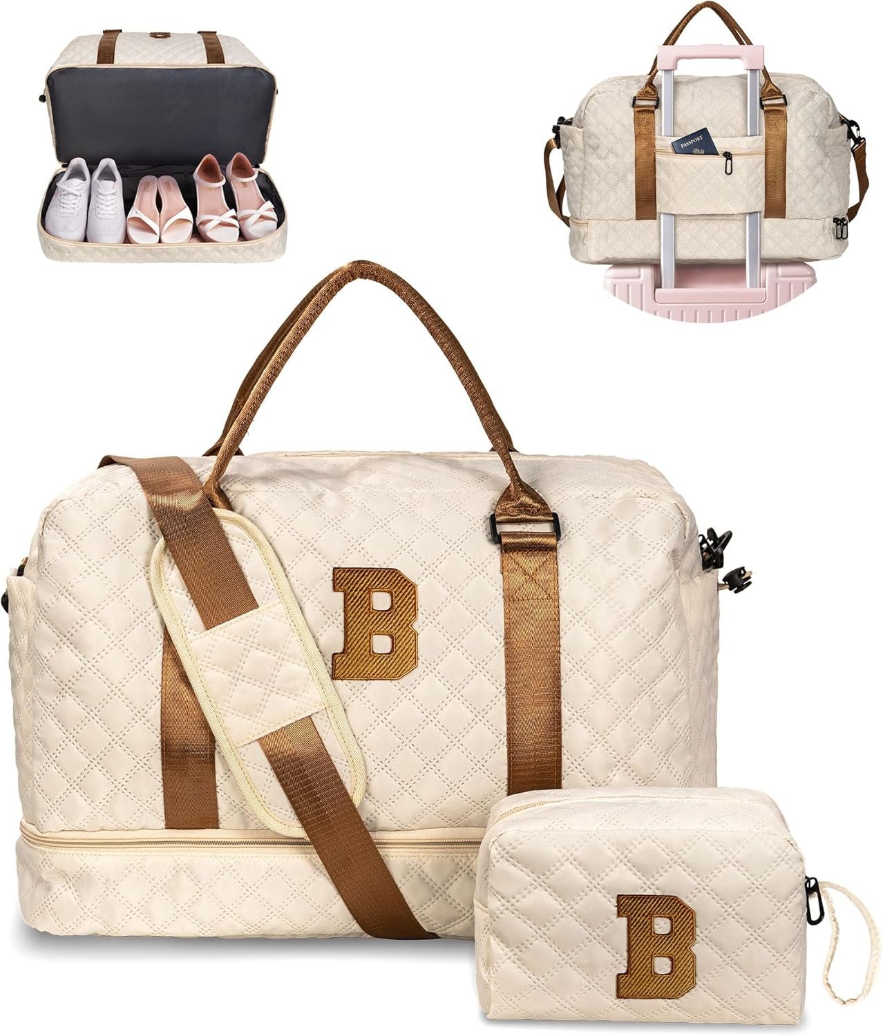 Duffle bag personnalisée avec initiale, idéal pour les cadeaux de filles, fabriquée par un fournisseur professionnel, sac weekender avec compartiment à chaussures et trousse de maquillage, vente en gros pour les adolescentes tendance (Lettre B)