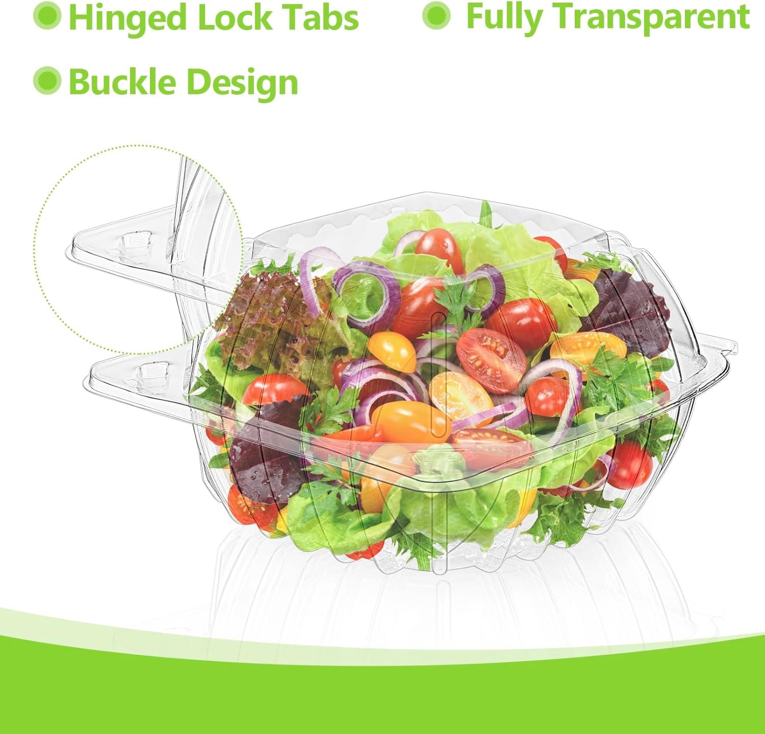 Grossiste en contenant alimentaire, 100 unités de boîtes en plastique claires à couvercle articulé, contenants jetables pour plats à emporter avec autocollants de scellage, parfaits pour desserts, salades, gâteaux et pâtisseries, dimensions 5.8 × 5.8 × 3.27 pouces, fabricant d'emballages en vrac, personnalisation de logo disponible.