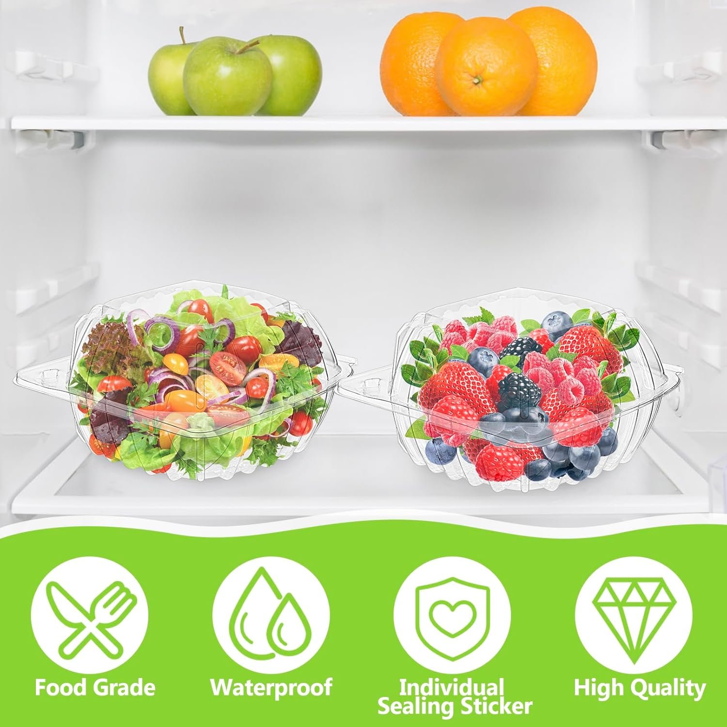 Grossiste en contenant alimentaire, 100 unités de boîtes en plastique claires à couvercle articulé, contenants jetables pour plats à emporter avec autocollants de scellage, parfaits pour desserts, salades, gâteaux et pâtisseries, dimensions 5.8 × 5.8 × 3.27 pouces, fabricant d'emballages en vrac, personnalisation de logo disponible.