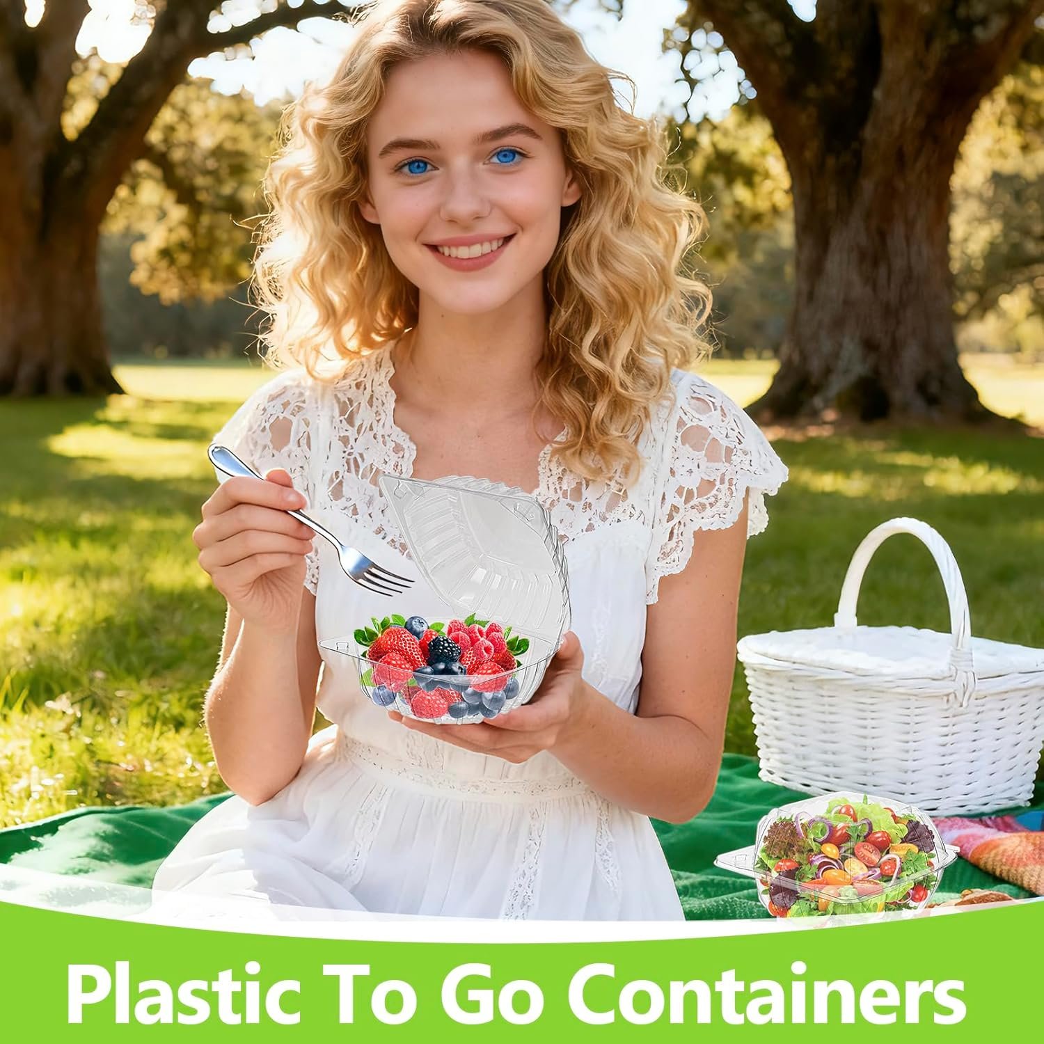 Grossiste en contenant alimentaire, 100 unités de boîtes en plastique claires à couvercle articulé, contenants jetables pour plats à emporter avec autocollants de scellage, parfaits pour desserts, salades, gâteaux et pâtisseries, dimensions 5.8 × 5.8 × 3.27 pouces, fabricant d'emballages en vrac, personnalisation de logo disponible.