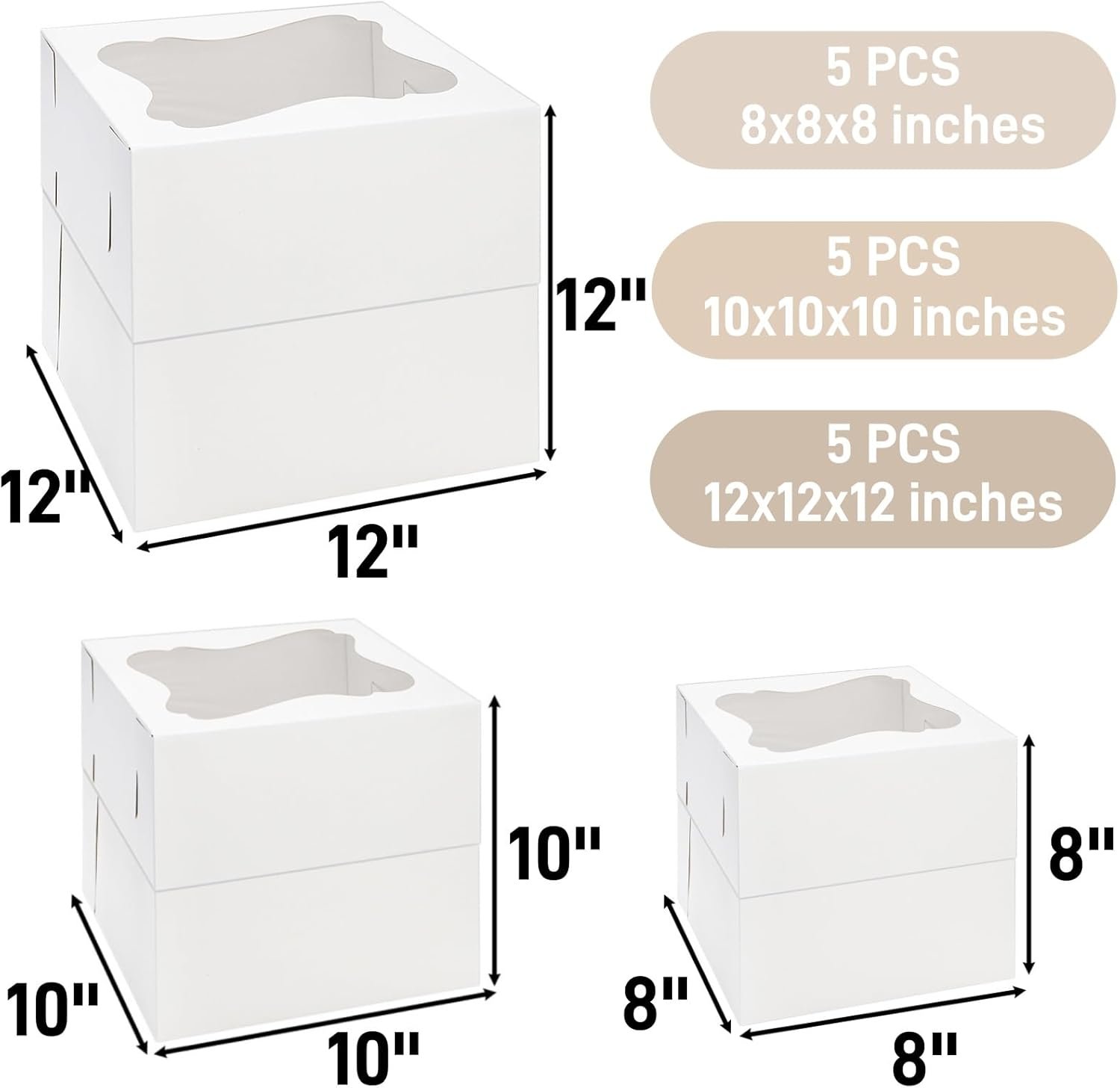 Grossiste en boîtes à gâteaux, boîte à gâteau carrée avec fenêtre en 3 tailles 12x12x12, 10x10x10, 8x8x8 pouces, contenant en carton pour pâtisserie, OEM, support jetable pour dessert et transport de tarte pour mariage et anniversaire.