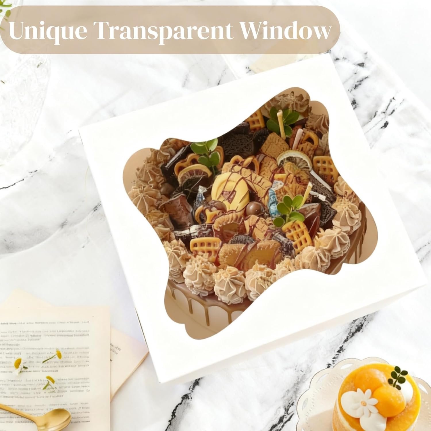 Grossiste en boîtes à gâteaux, boîte à gâteau carrée avec fenêtre en 3 tailles 12x12x12, 10x10x10, 8x8x8 pouces, contenant en carton pour pâtisserie, OEM, support jetable pour dessert et transport de tarte pour mariage et anniversaire.