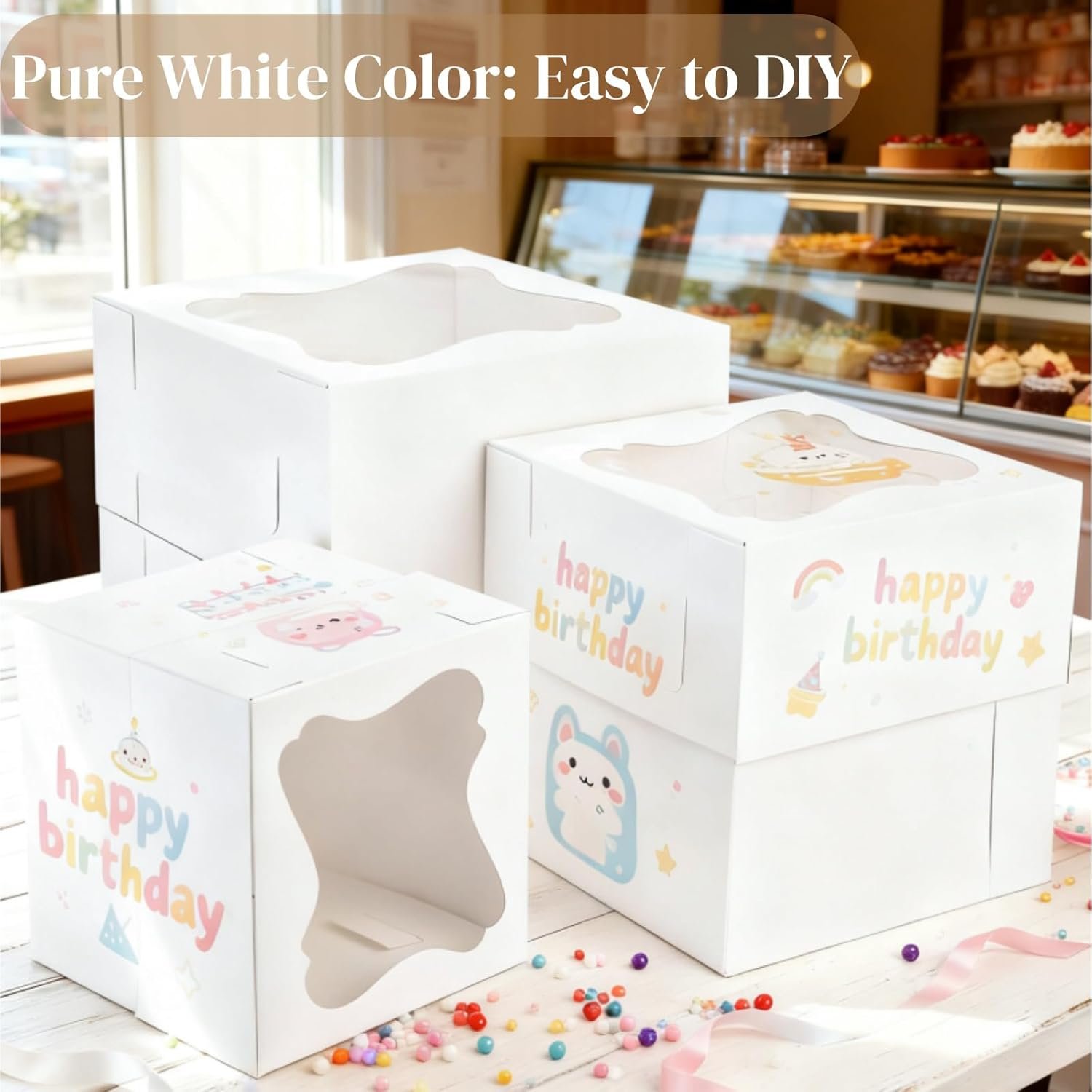 Grossiste en boîtes à gâteaux, boîte à gâteau carrée avec fenêtre en 3 tailles 12x12x12, 10x10x10, 8x8x8 pouces, contenant en carton pour pâtisserie, OEM, support jetable pour dessert et transport de tarte pour mariage et anniversaire.