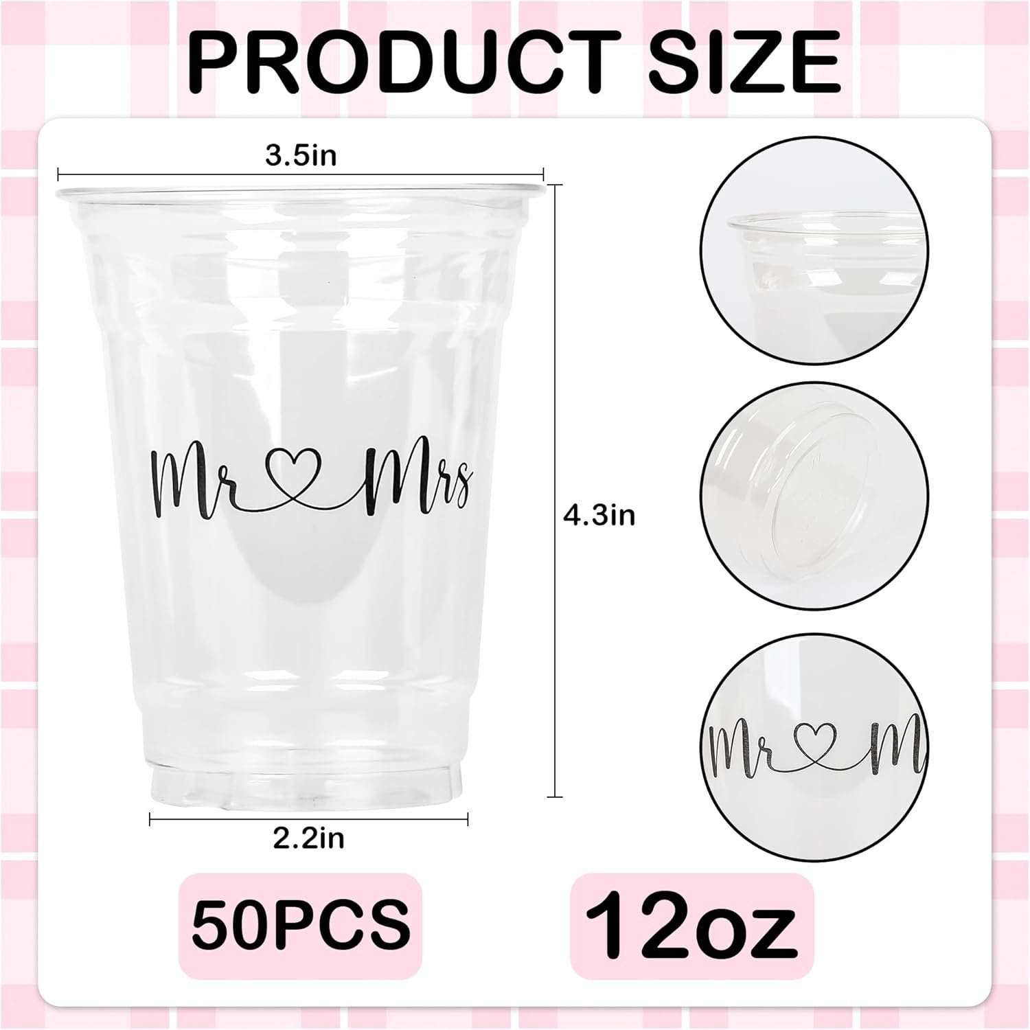 Grossiste gobelets en plastique 12oz transparent Mr et Mrs pour mariage, fête prénuptiale et anniversaire, logo personnalisé, 50 pièces, fabricant, vente en gros.