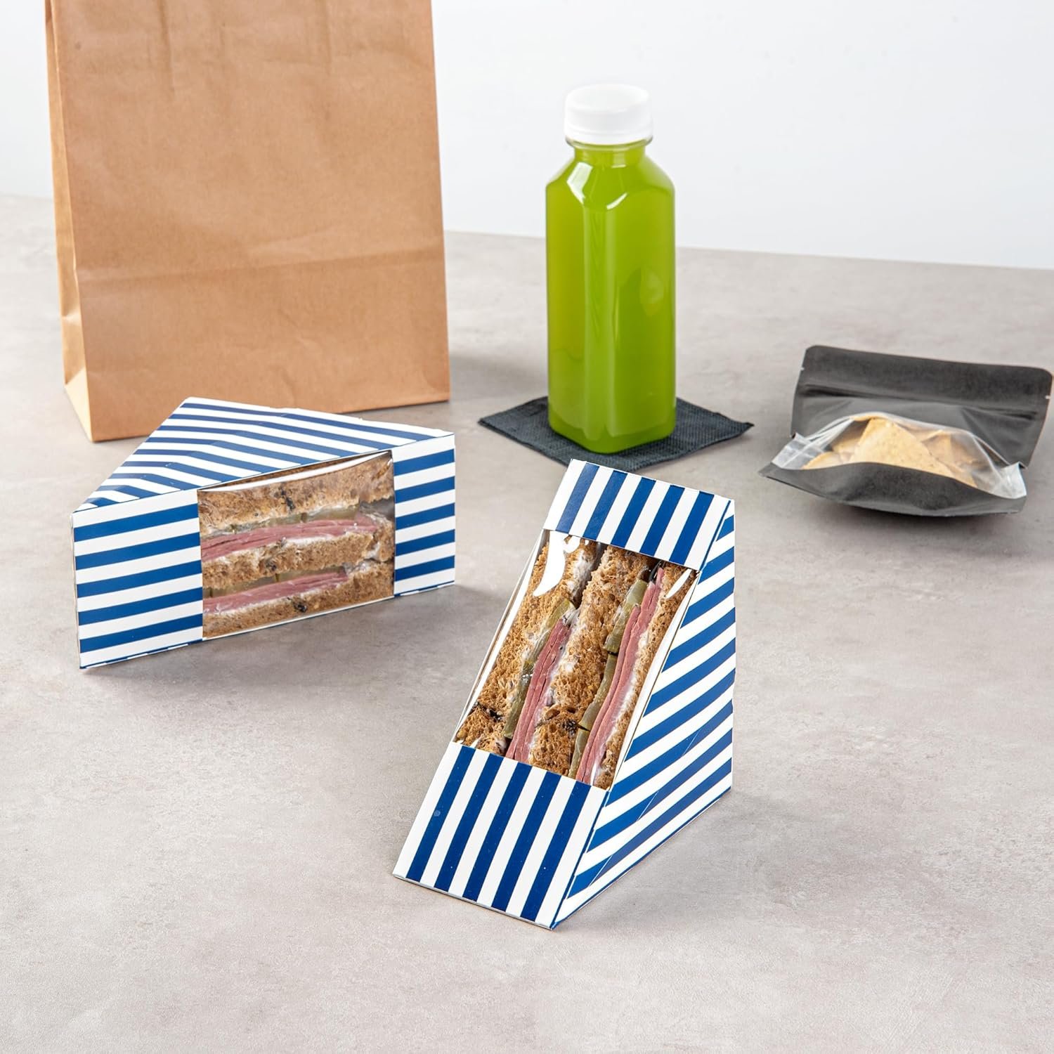 Boîte à sandwich en papier medium à rayures bleues et blanches - 4 3/4