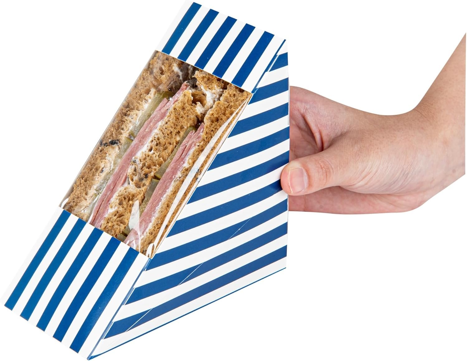 Boîte à sandwich en papier medium à rayures bleues et blanches - 4 3/4