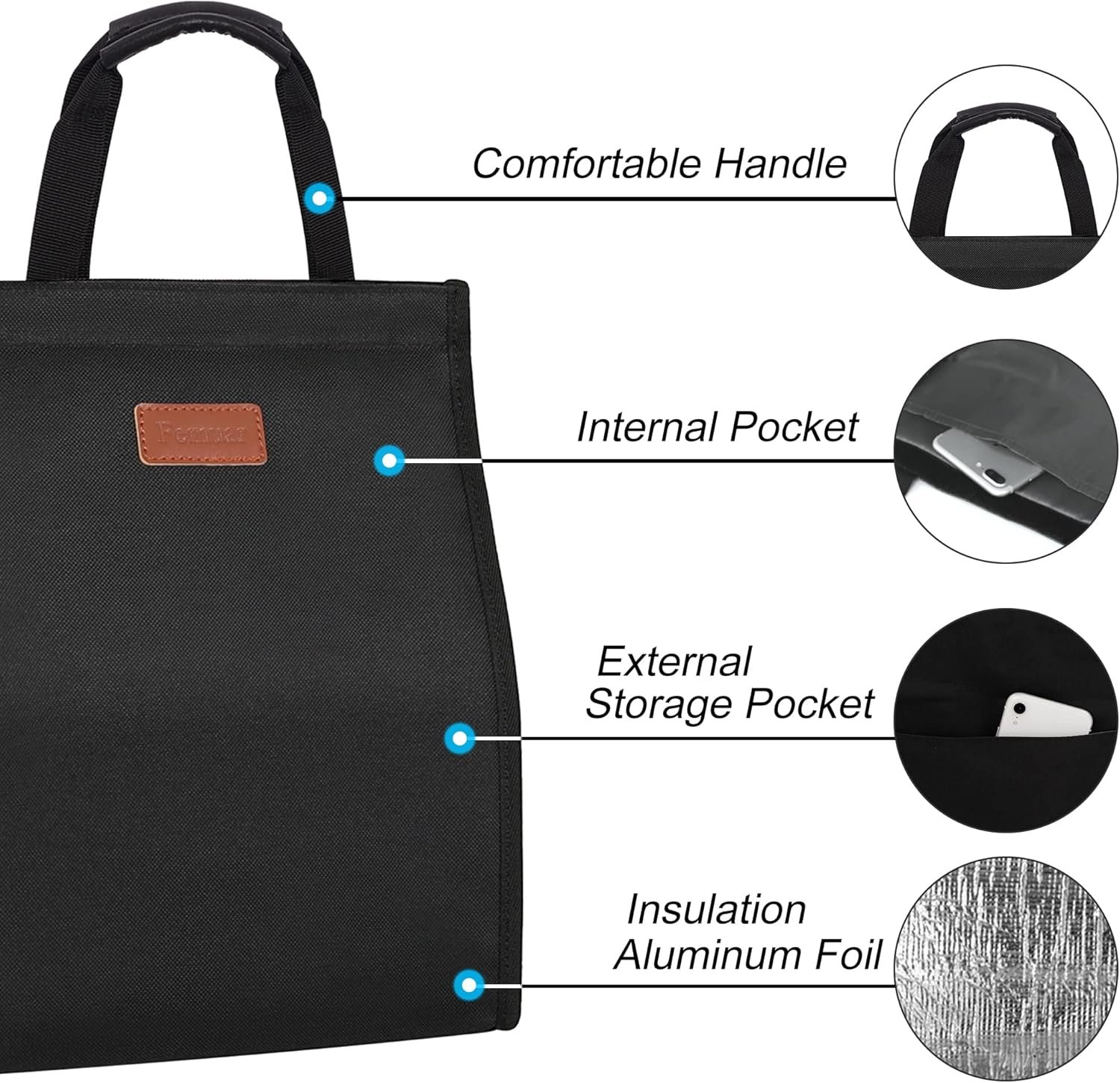 Sac de déjeuner isotherme pour femmes, sac fourre-tout réutilisable avec poche interne, grossiste, sac à lunch pour adultes pour le travail (Noir), fournisseur, vente en gros.